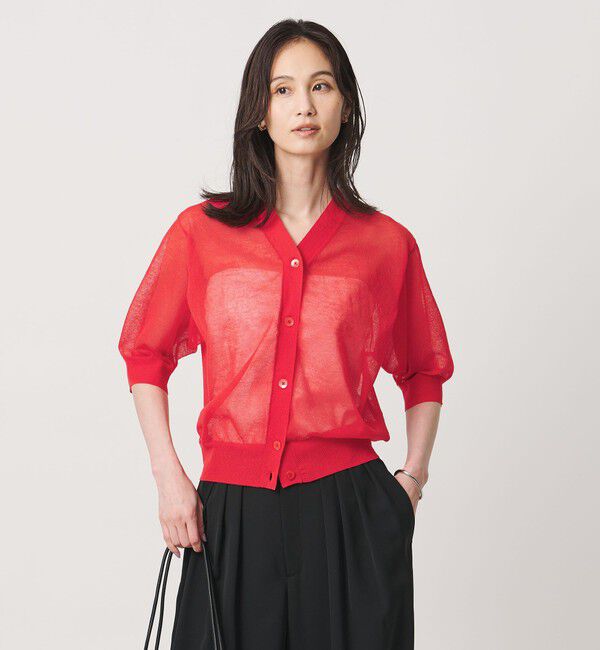 UNITED ARROWS「シアー Vネック カーディガン ‐ウォッシャブル‐」|カーディガン|RED