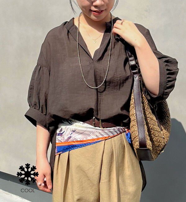 NOLLEY'S「《接触冷感》【BECシリーズ】ウォッシャブル半袖オーバーギャザーブラウス」|シャツ・ブラウス|カーキ