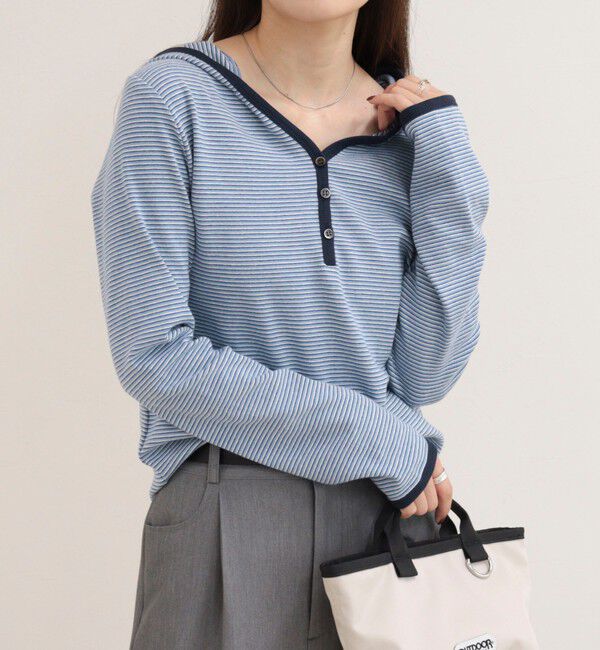 fredy emue「ヘンリーネックボーダーフーディ」|Tシャツ・カットソー|ブルー系その他