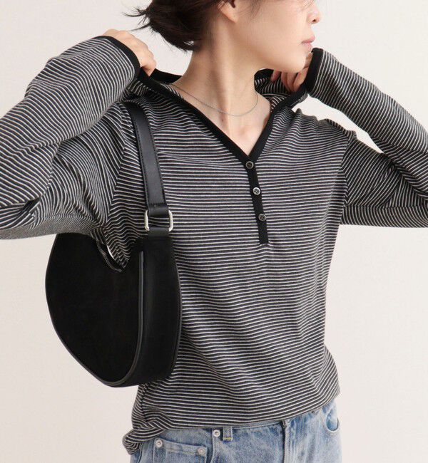 fredy emue「ヘンリーネックボーダーフーディ」|Tシャツ・カットソー|ブラック系その他