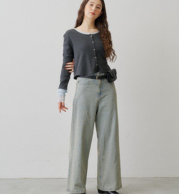  「【WEB限定カラー/2サイズ展開/ウエスト調節可】ビジューフラワーデニム」|デニム|
