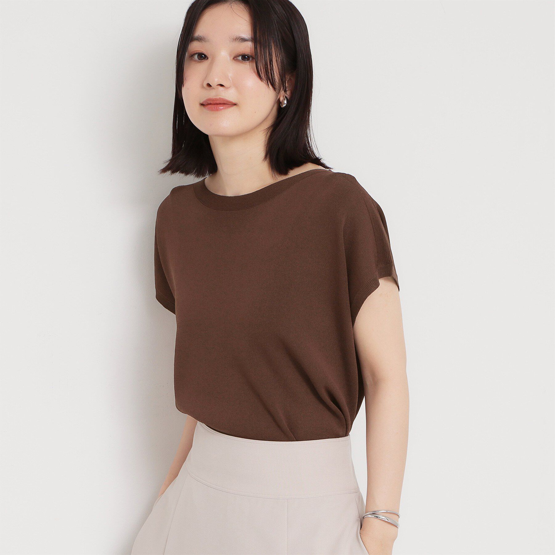 THE SHOP TK「【S-XL/ひんやりタッチ】多機能フレンチスリーブニット 洗濯機OK/UVケア/毛玉になりにくい」|ニット・セーター|ブラウン(043)
