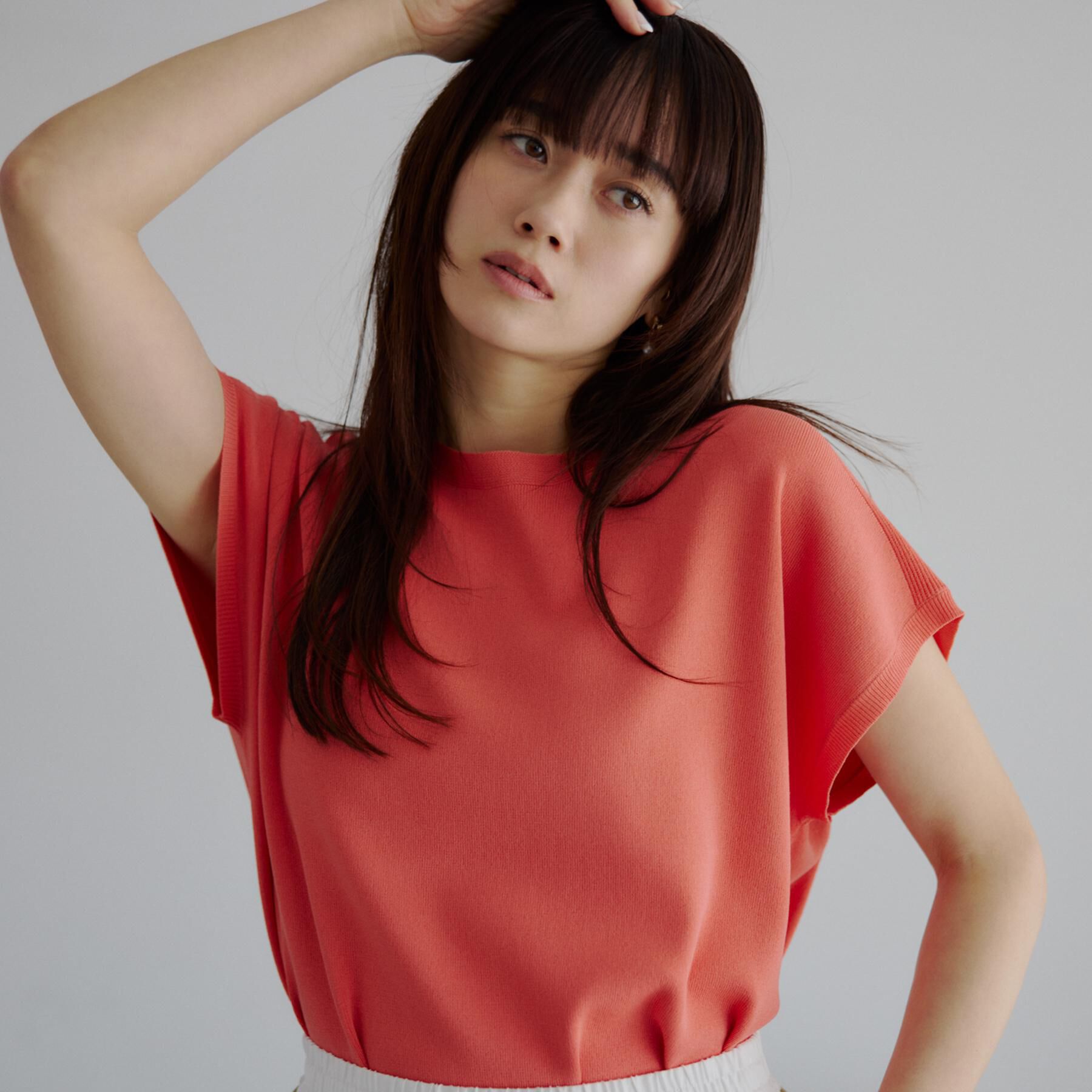 THE SHOP TK「【S-XL/ひんやりタッチ】多機能フレンチスリーブニット 洗濯機OK/UVケア/毛玉になりにくい」|ニット・セーター|オレンジ(067)