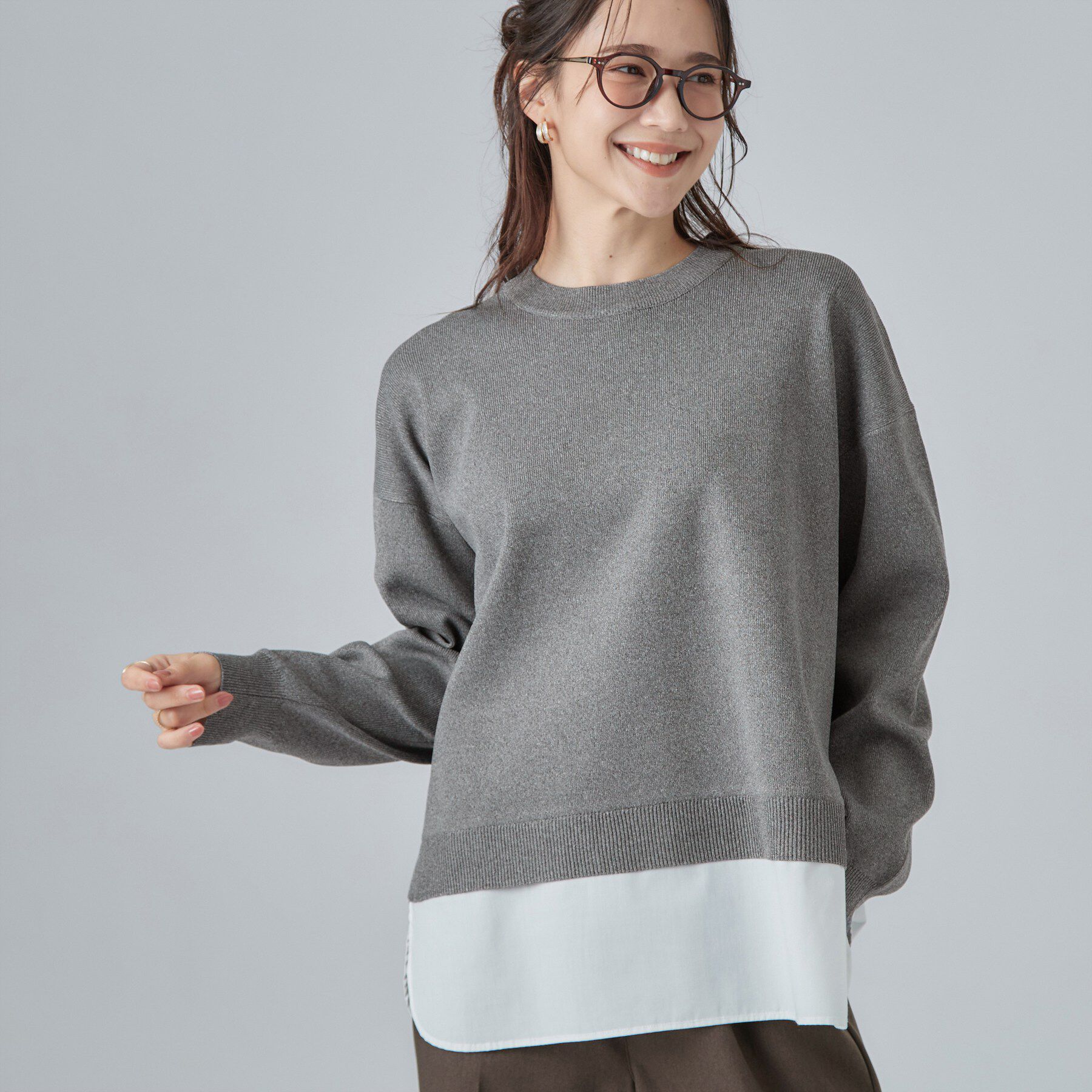 SHOO･LA･RUE「【S-LL】着るだけできまる シャツレイヤード風 スポンディッシュニット」|ニット・セーター|チャコールグレー(0