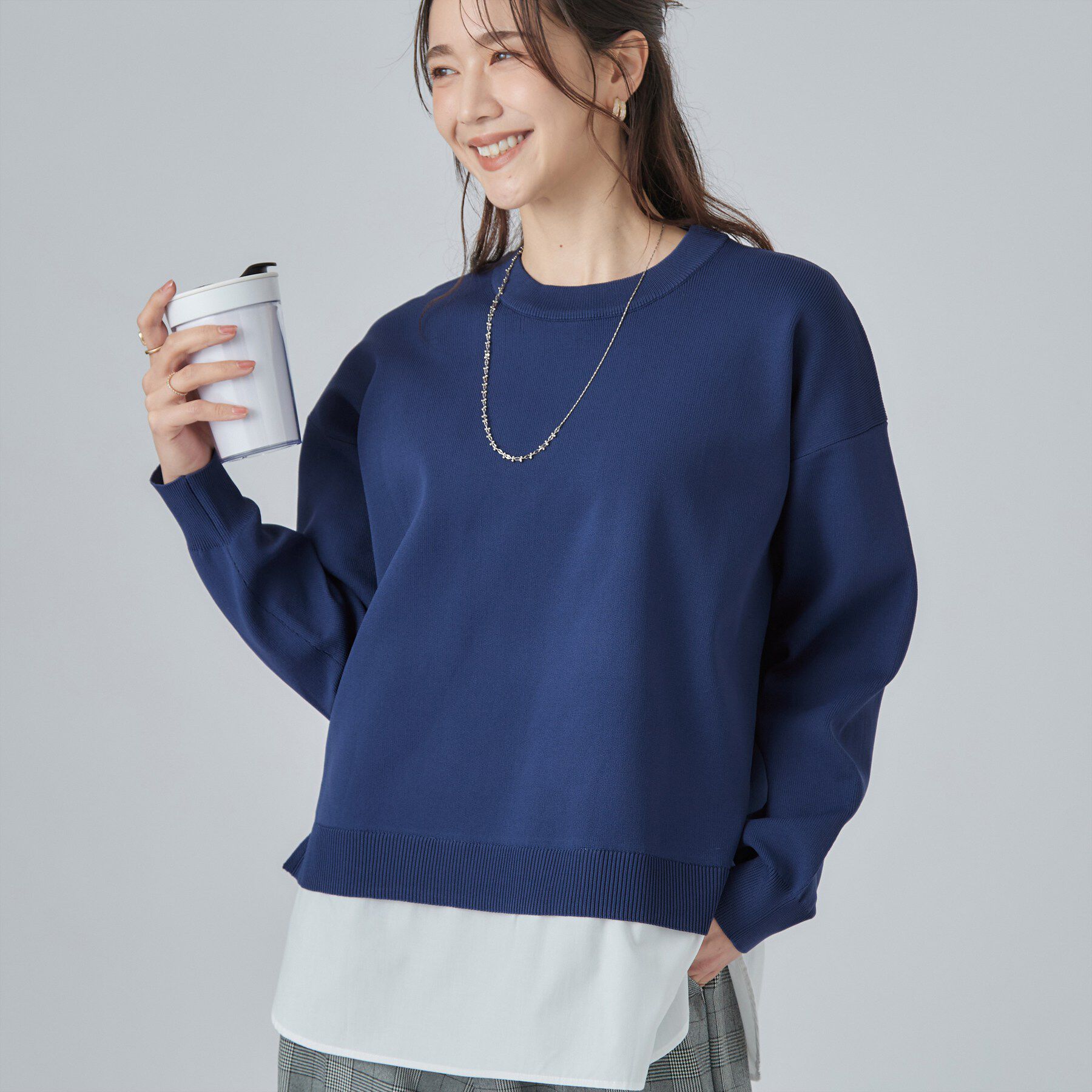 SHOO･LA･RUE「【S-LL】着るだけできまる シャツレイヤード風 スポンディッシュニット」|ニット・セーター|ブルー(093)