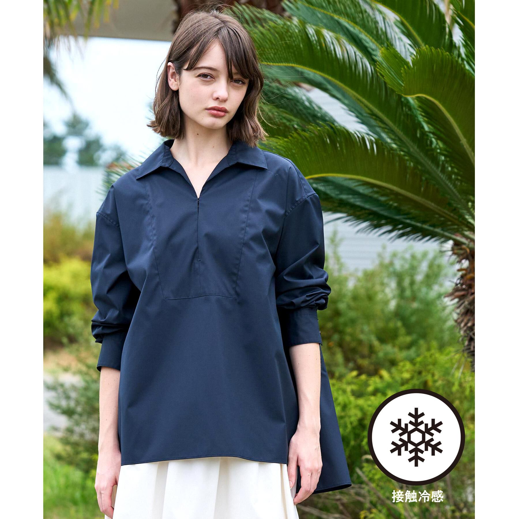 DRESSTERIOR「【接触冷感/UVカット/着回し】スキッパーブラウス」|シャツ・ブラウス|ネイビー(094)