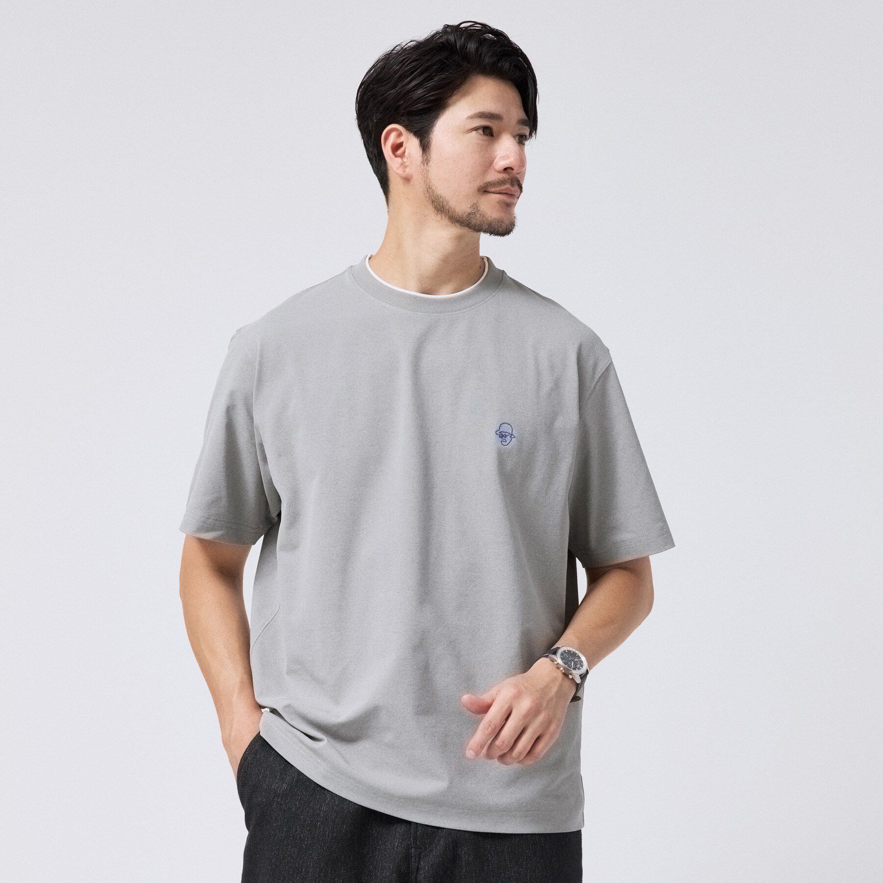 TAKEO KIKUCHI「【汗染み軽減/接触冷感】フェイクレイヤード ワンポイント刺繍Ｔシャツ」|Tシャツ・カットソー|ライトグレー(011