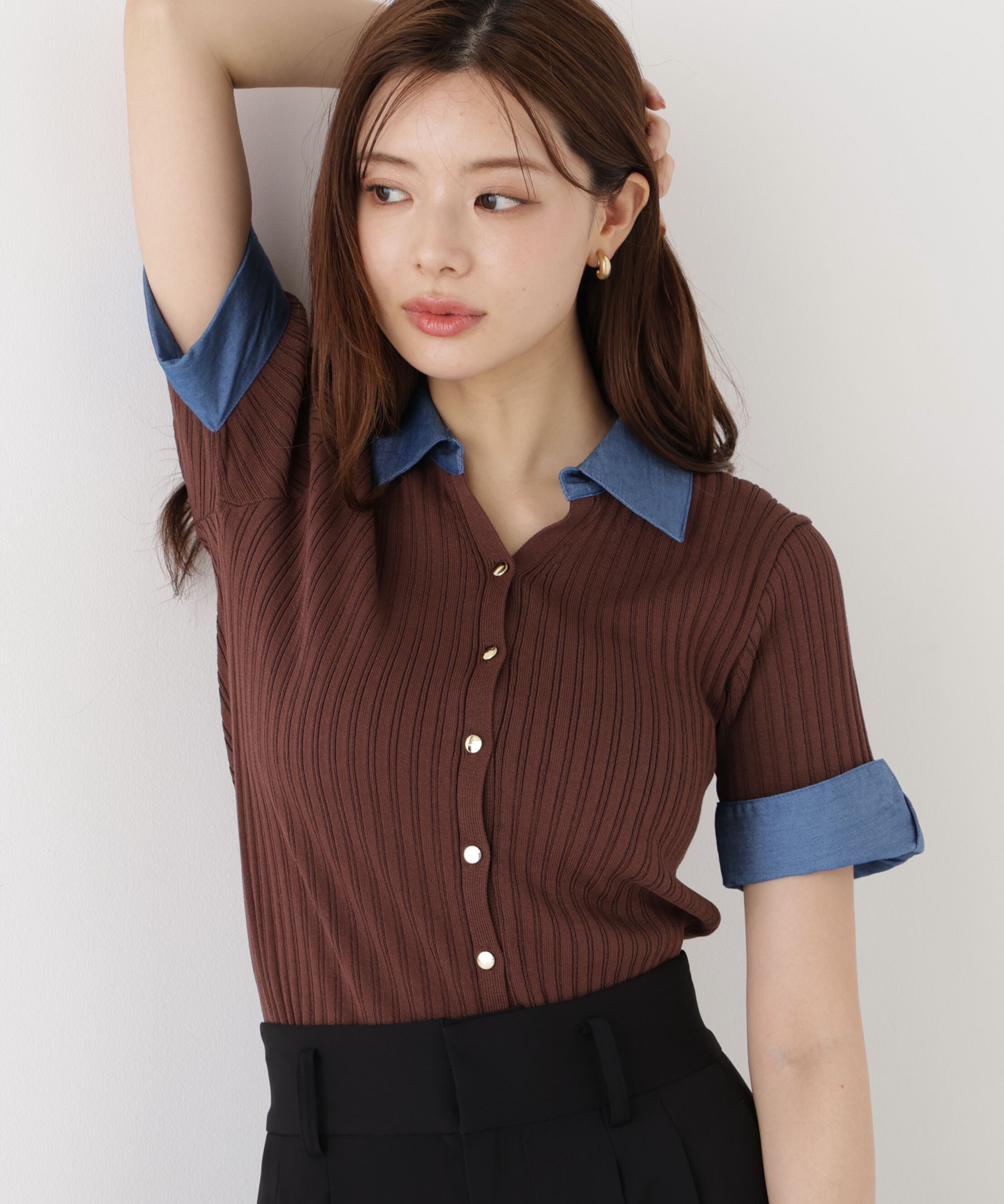 PROPORTION BODY DRESSING「＜a/mie＞デニムカラーリブニット」|カーディガン|