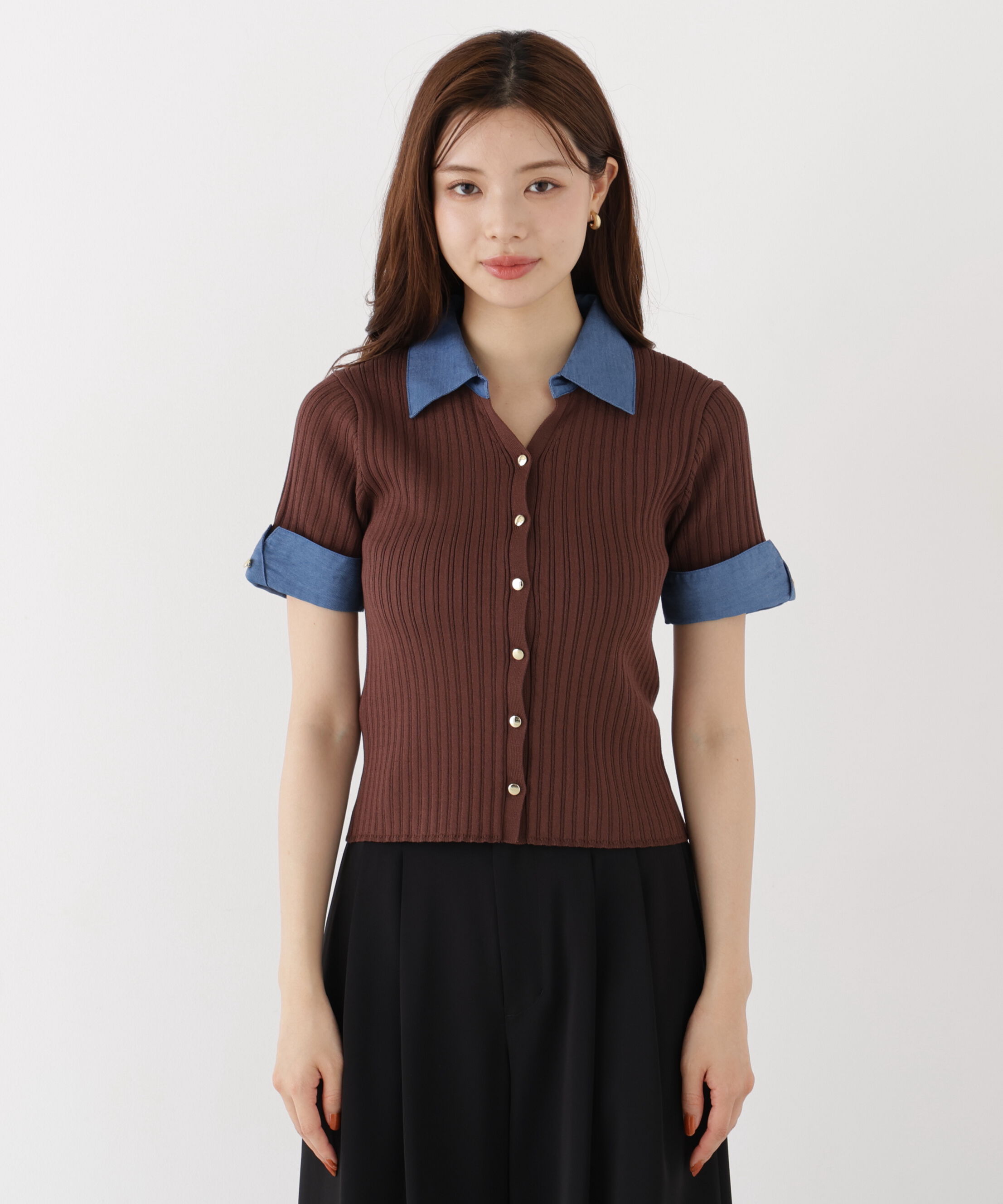 PROPORTION BODY DRESSING「＜a/mie＞デニムカラーリブニット」|カーディガン|