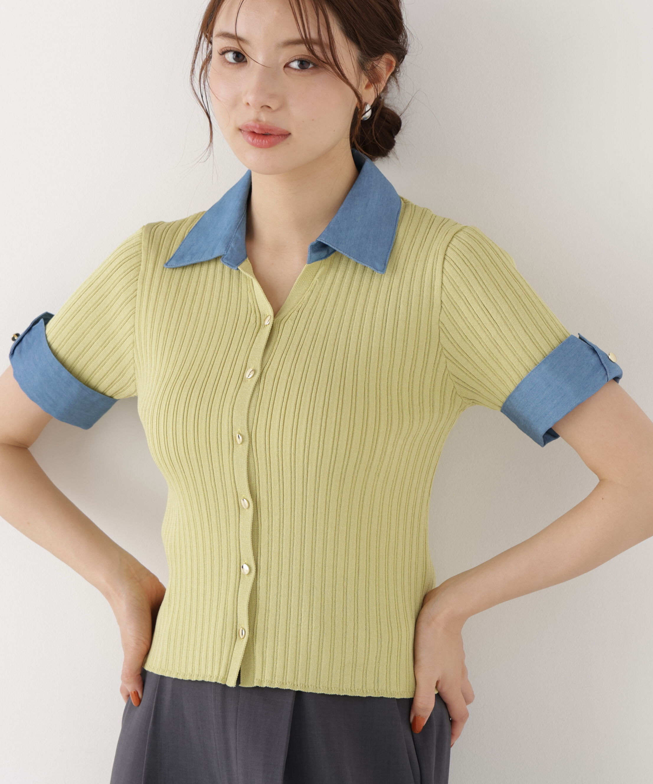 PROPORTION BODY DRESSING「＜a/mie＞デニムカラーリブニット」|カーディガン|ライム