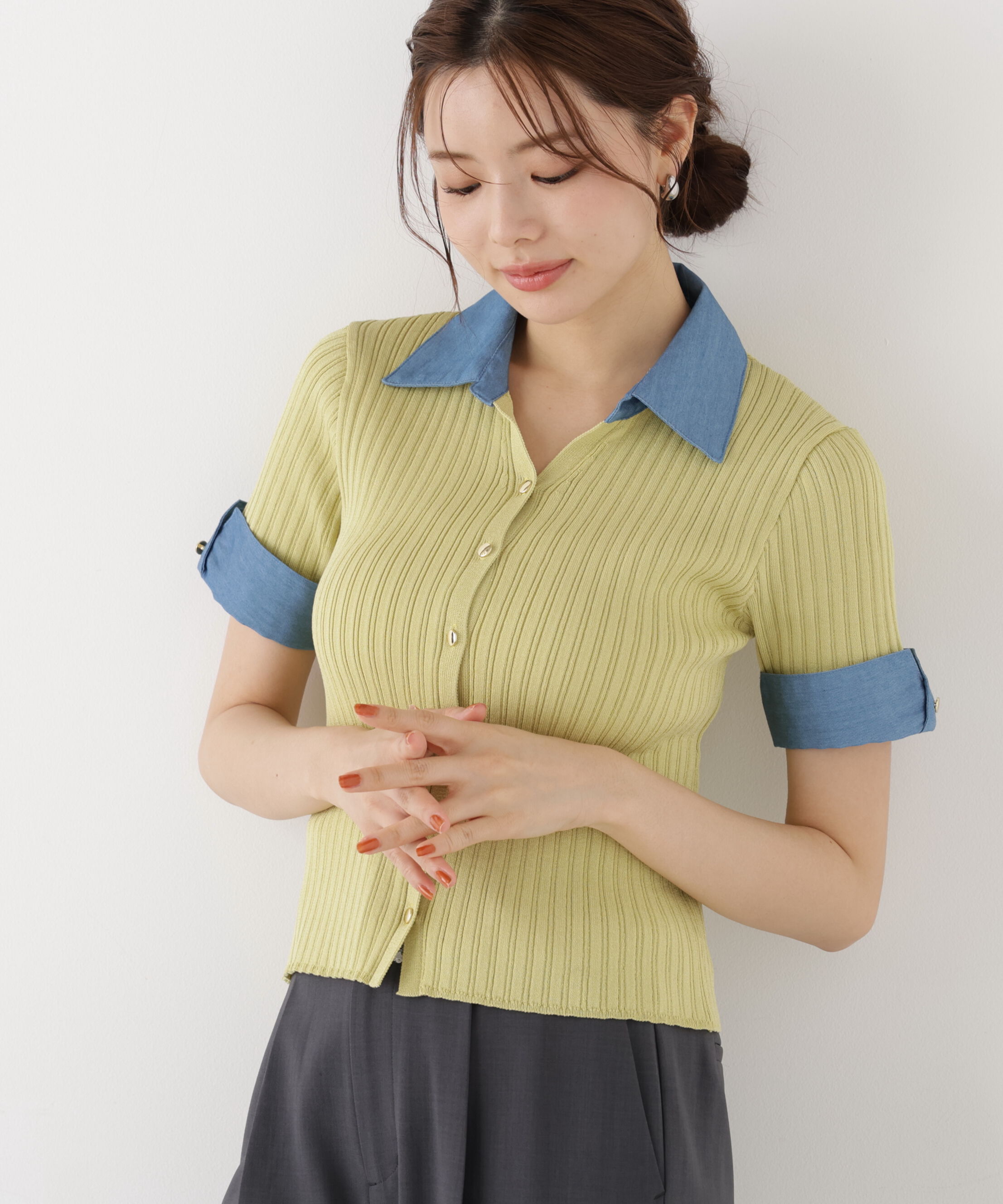 PROPORTION BODY DRESSING「＜a/mie＞デニムカラーリブニット」|カーディガン|