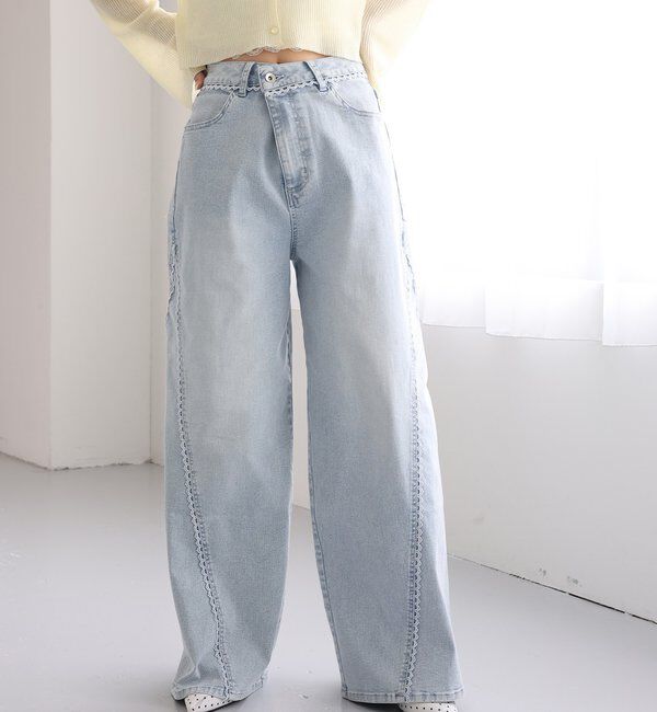  「【SMサイズ展開あり】レース付きワイドデニムパンツ」|その他|サックスブルー