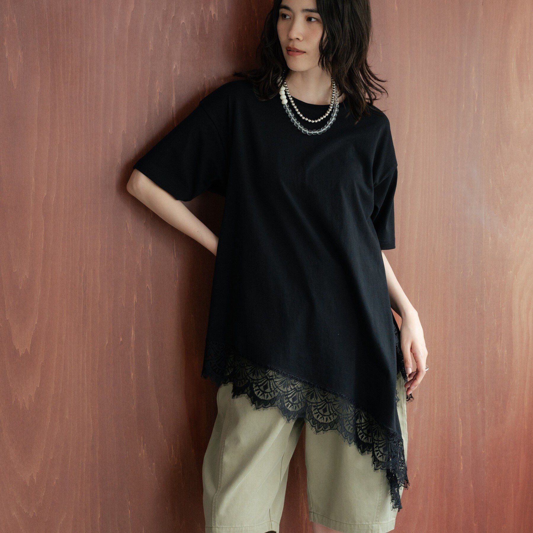GALLEST「裾レースアシメカットソー」|Tシャツ・カットソー|ブラック(019)