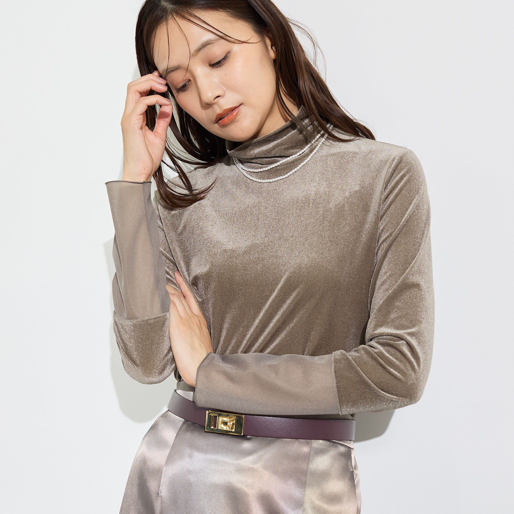 INDIVI「【レイヤード／袖口シアー／日本製】ベロアジャージトップス」|Tシャツ・カットソー|モカブラウン(042