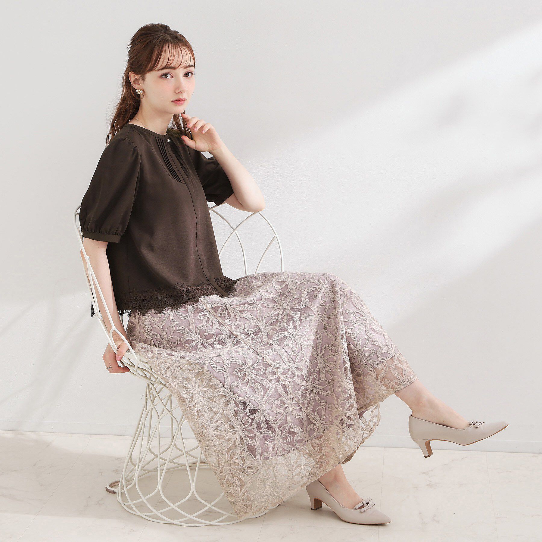 Couture broach「【洗える】ピンタック 裾レース ブラウス」|シャツ・ブラウス|