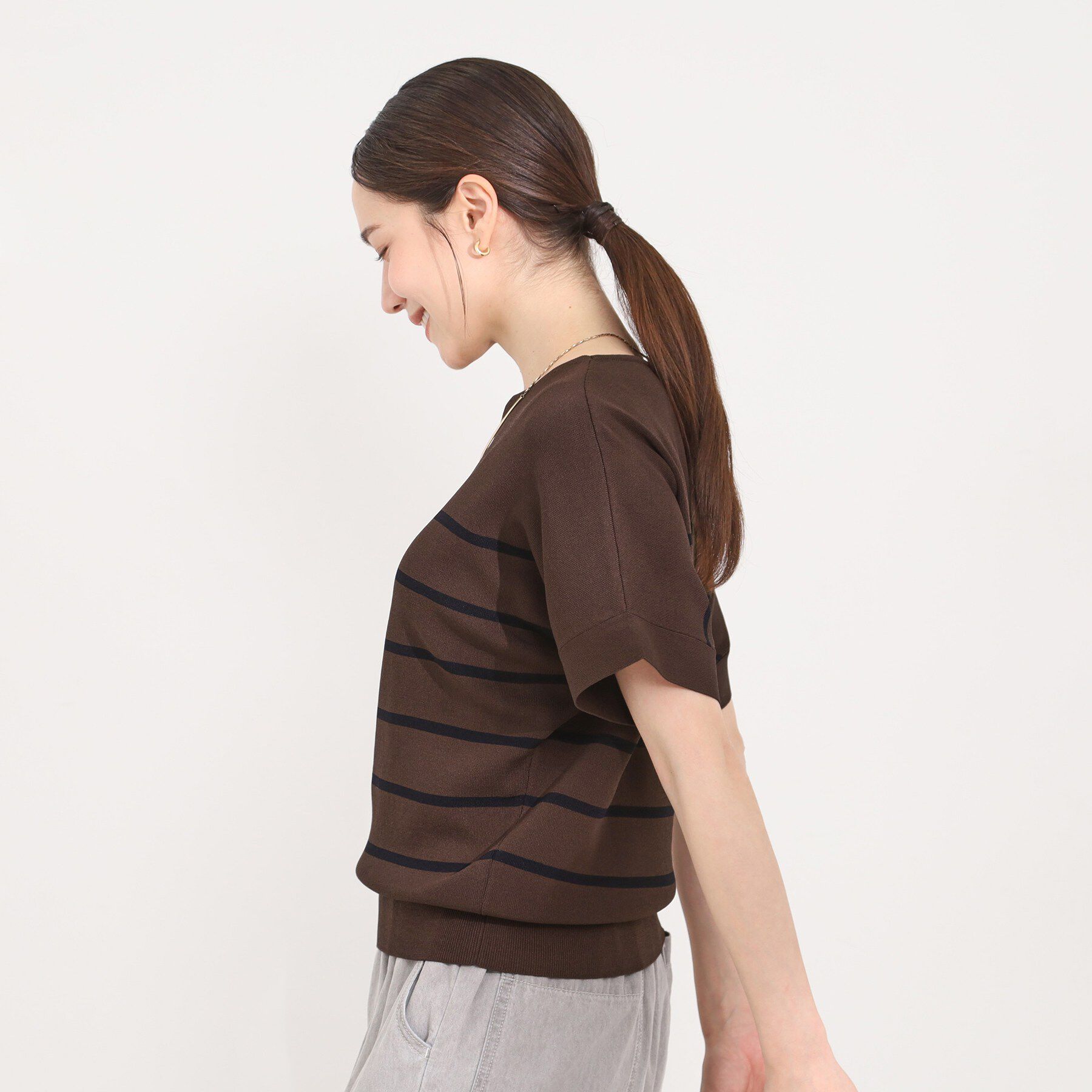SHOO･LA･RUE「【毎日洗える/UV】二の腕隠れる さらっとドルマン半袖ニット」|ニット・セーター|