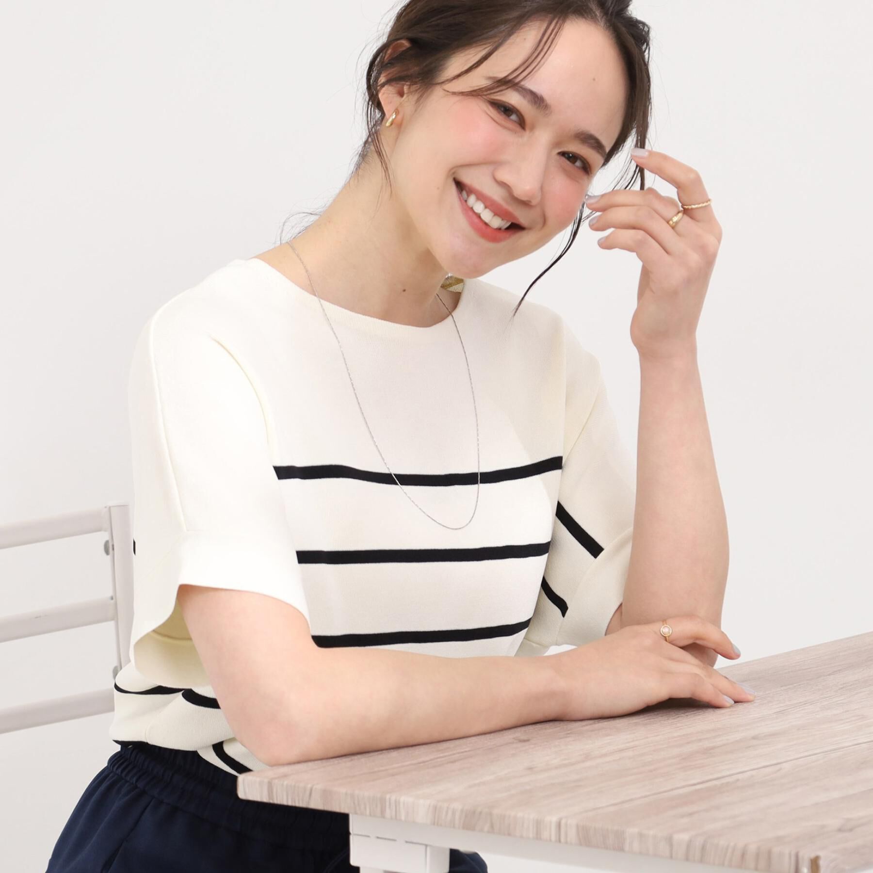 SHOO･LA･RUE「【毎日洗える/UV】二の腕隠れる さらっとドルマン半袖ニット」|ニット・セーター|アイボリー(304)