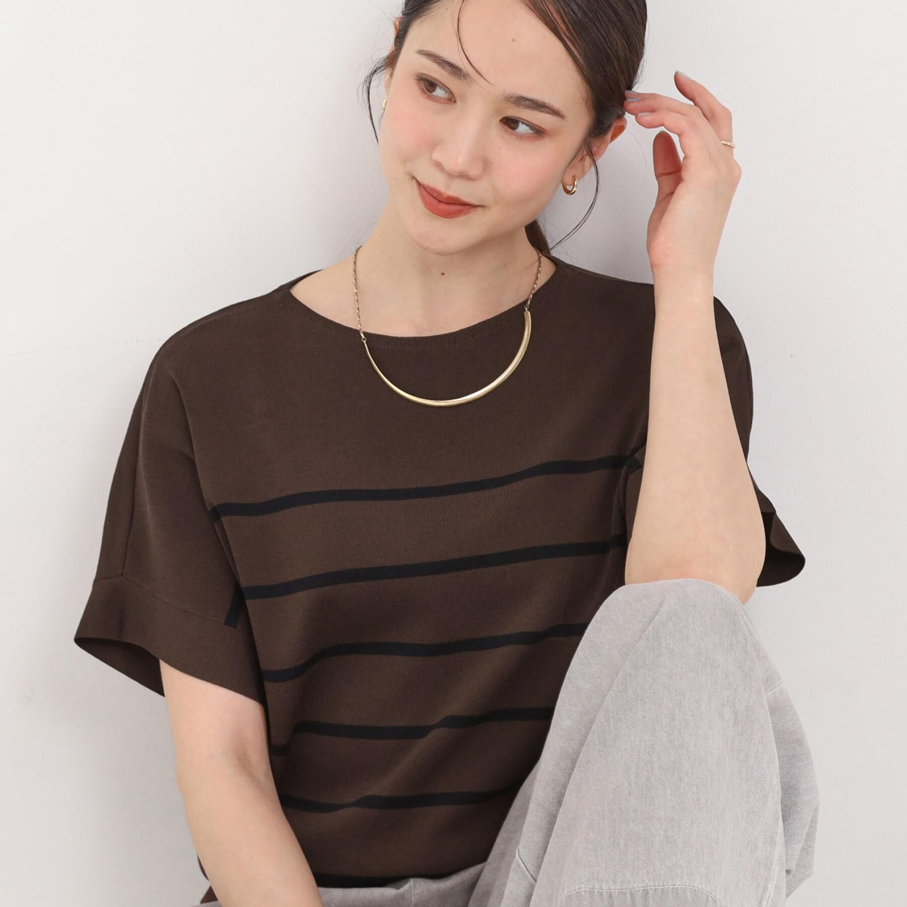 SHOO･LA･RUE「【毎日洗える/UV】二の腕隠れる さらっとドルマン半袖ニット」|ニット・セーター|ブラウン(343)