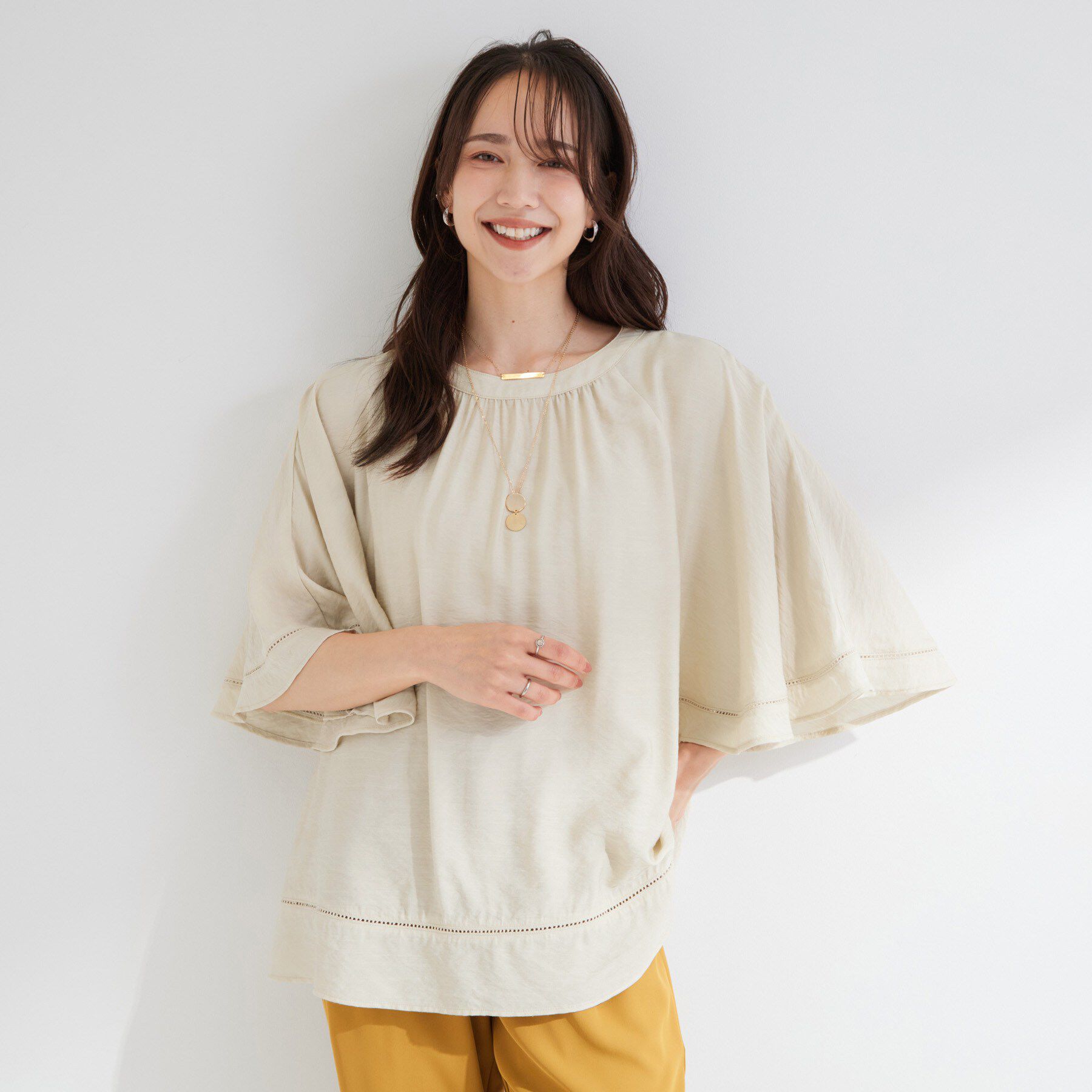 SHOO･LA･RUE「【S-LL/洗濯機可/体型カバー】はしごレースがポイント スラブポンチョ風ブラウス」|シャツ・ブラウス|