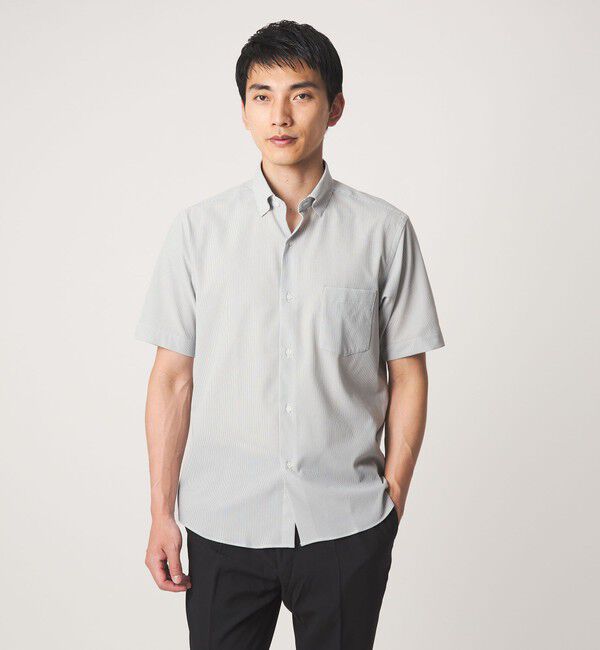 UNITED ARROWS green label relaxing「ポリエステル ラッカン ストライプ スタンダード スナップ ボタンダウン 半袖 シャツ -ストレッチ・イージ」|シャツ・ブラウス|LT.GRAY