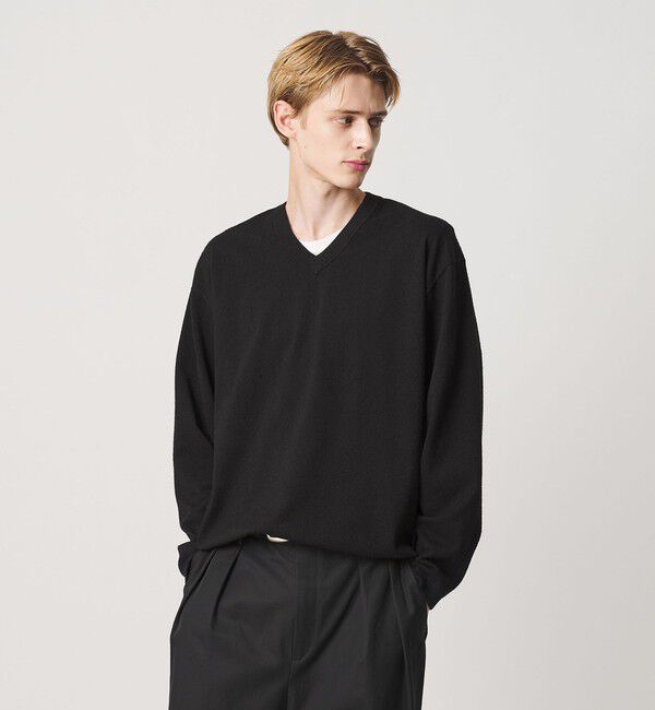 BEAUTY&YOUTH UNITED ARROWS「KNITEE フェザー コットン Vネック ニット Tシャツ ウォッシャブル」|ニット・セーター|BLACK