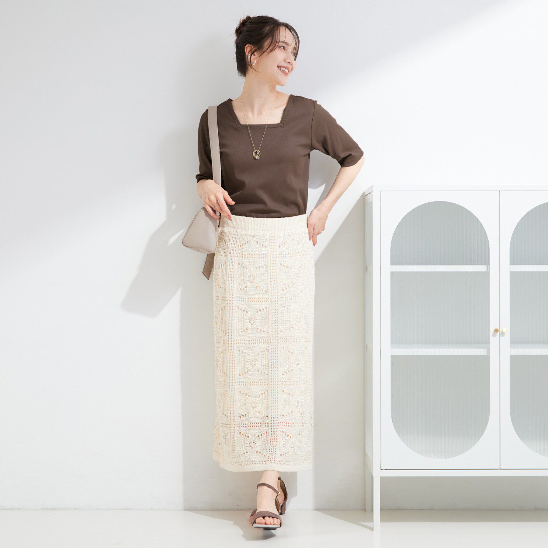SHOO･LA･RUE「【前後2WAY/S-LL/洗濯機可】着回しやすい 5分袖テレコトップス」|Tシャツ・カットソー|
