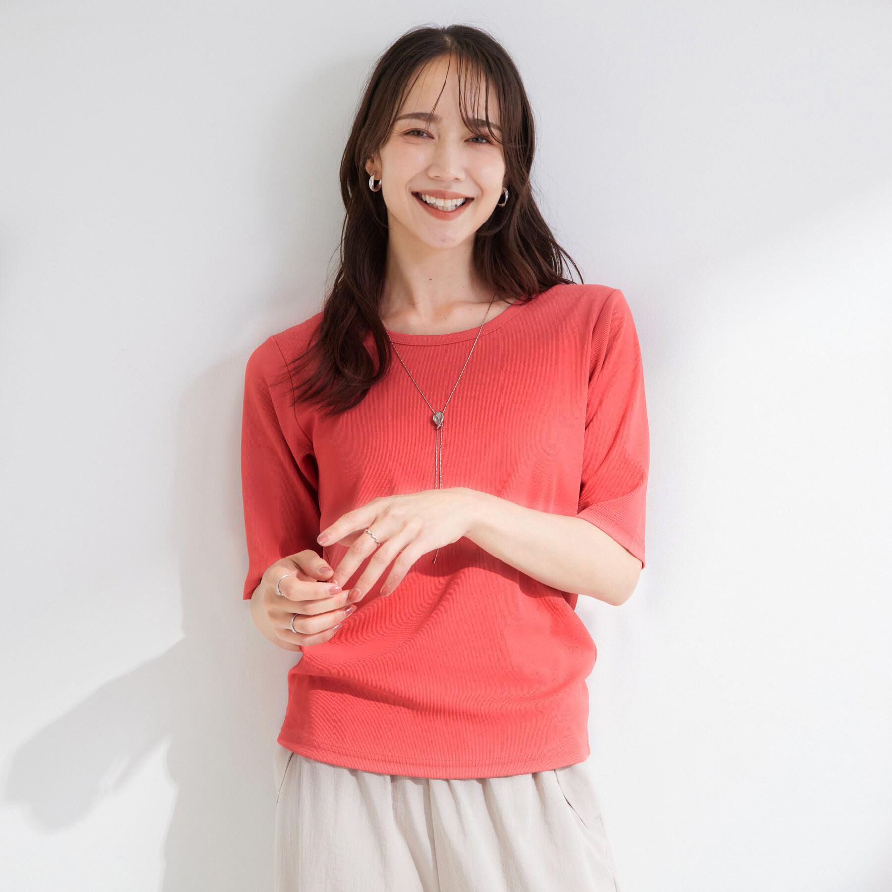 SHOO･LA･RUE「【前後2WAY/S-LL/洗濯機可】着回しやすい 5分袖テレコトップス」|Tシャツ・カットソー|
