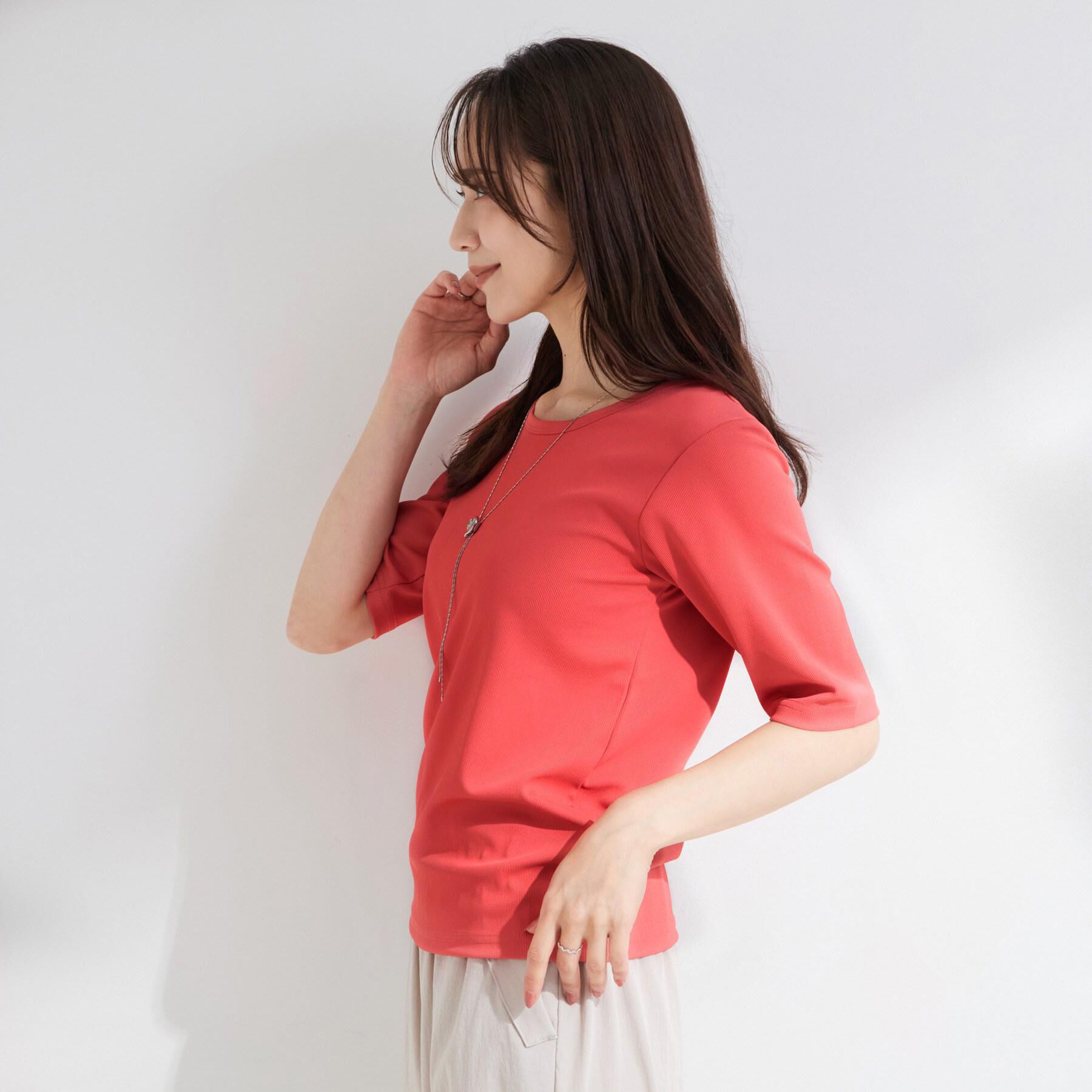 SHOO･LA･RUE「【前後2WAY/S-LL/洗濯機可】着回しやすい 5分袖テレコトップス」|Tシャツ・カットソー|