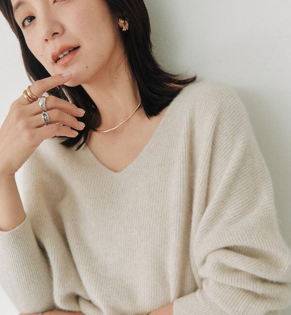  「ヘアリーウール片畦Vネックニット」|ニット・セーター|ライトベージュ
