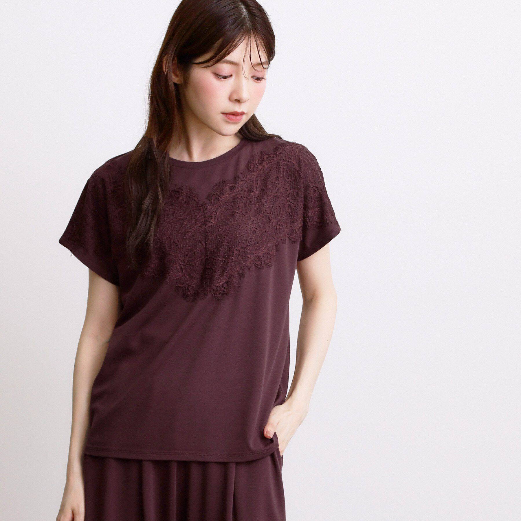 grove「【持続冷感/SET UP可】ひんやりポンチシリーズ／フロントレースドルマンカットソー」|Tシャツ・カットソー|ボルドー(044)