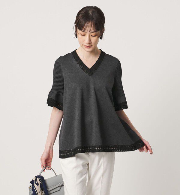 UNITED ARROWS「Vネック ニット ショートスリーブ チュニック」|ニット・セーター|DK.GRAY
