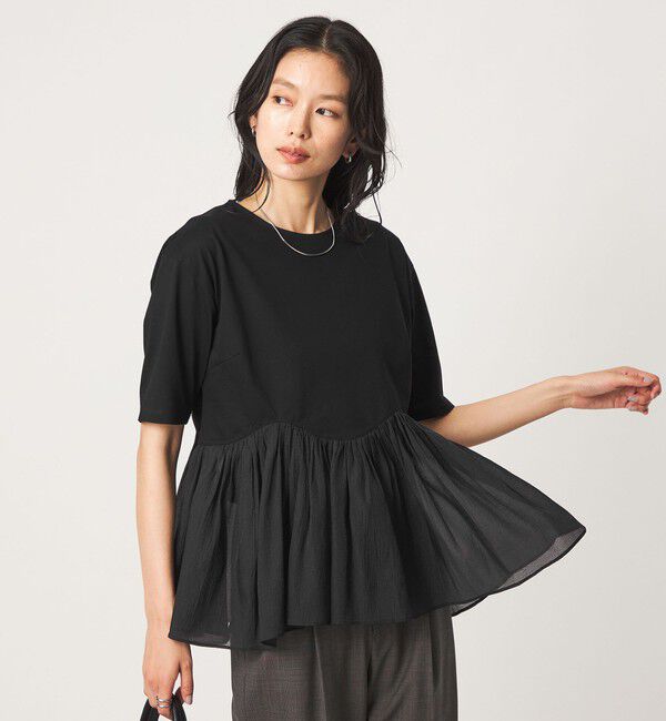 UNITED ARROWS green label relaxing「シアー コンビ 5分袖 プルオーバー カットソー」|Tシャツ・カットソー|BLACK