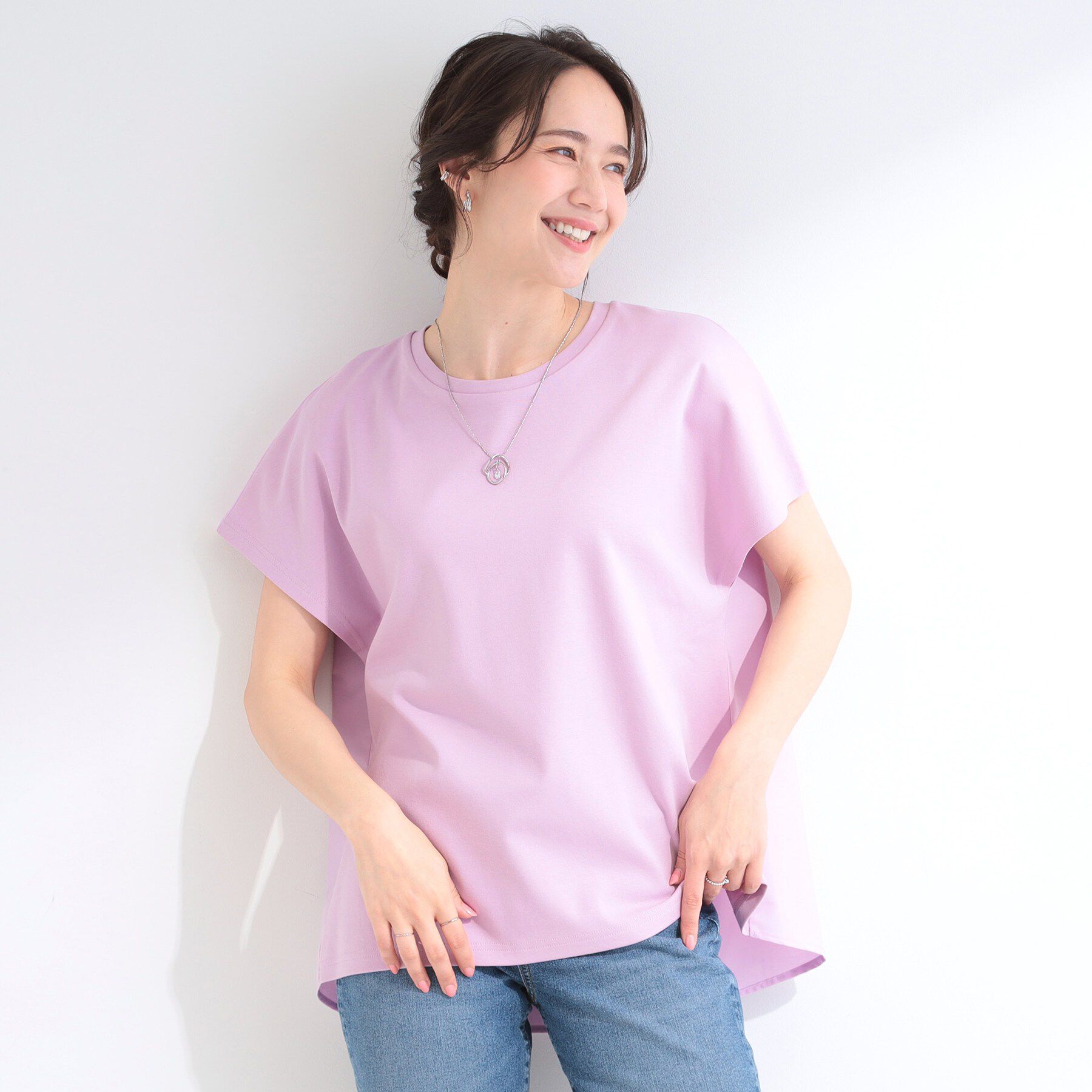 SHOO･LA･RUE「【体型カバー/S-LL】インせず着られる 前後素材切替Tシャツ」|Tシャツ・カットソー|