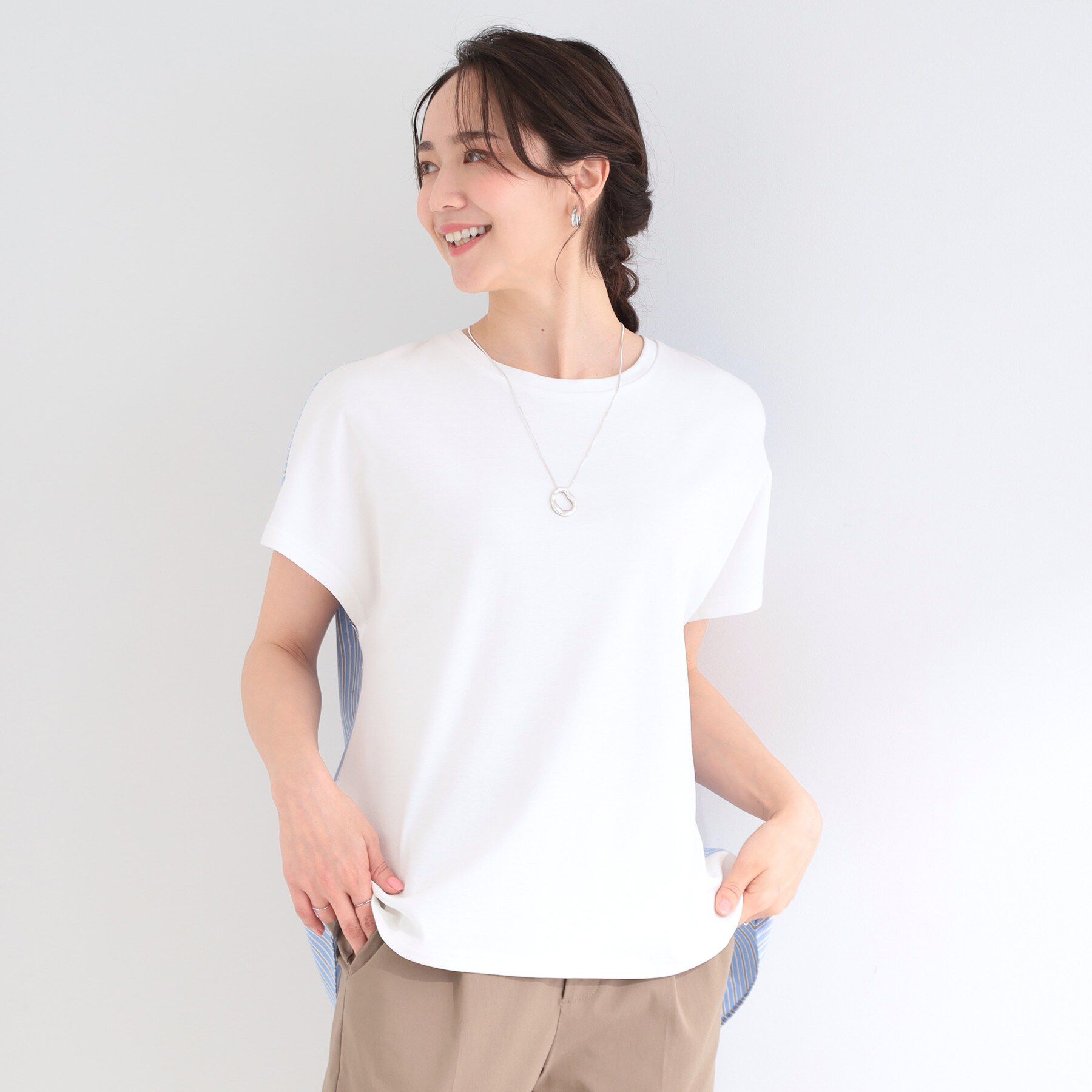 SHOO･LA･RUE「【体型カバー/S-LL】インせず着られる 前後素材切替Tシャツ」|Tシャツ・カットソー|