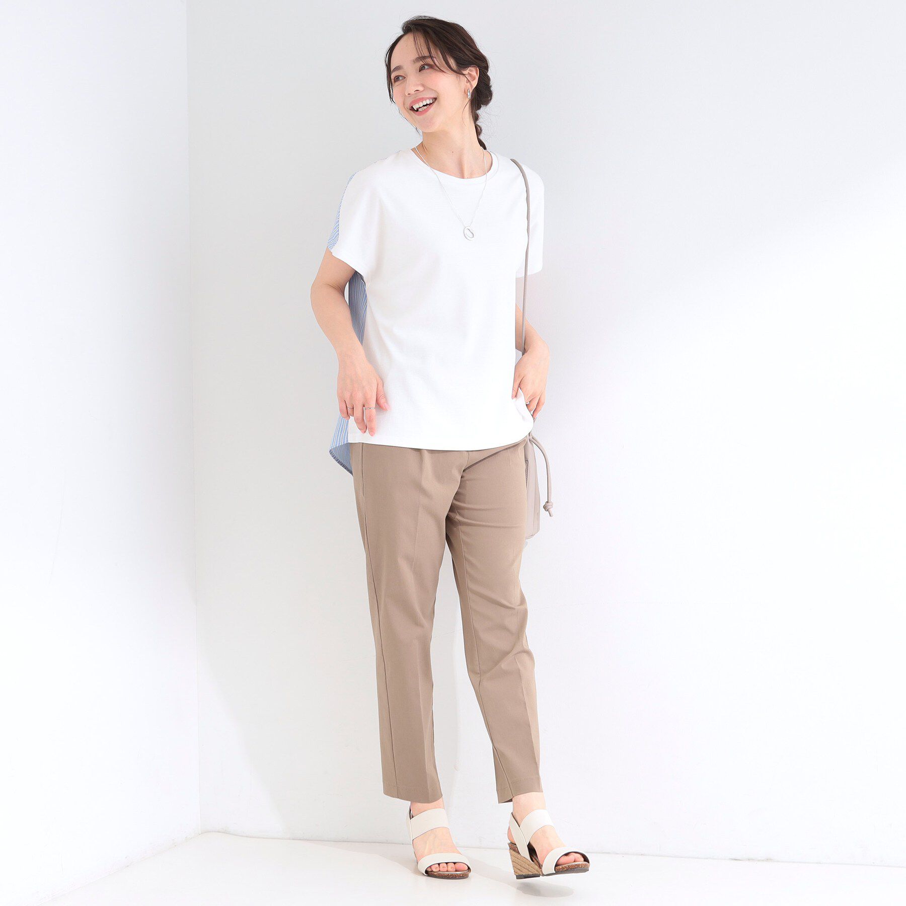 SHOO･LA･RUE「【体型カバー/S-LL】インせず着られる 前後素材切替Tシャツ」|Tシャツ・カットソー|