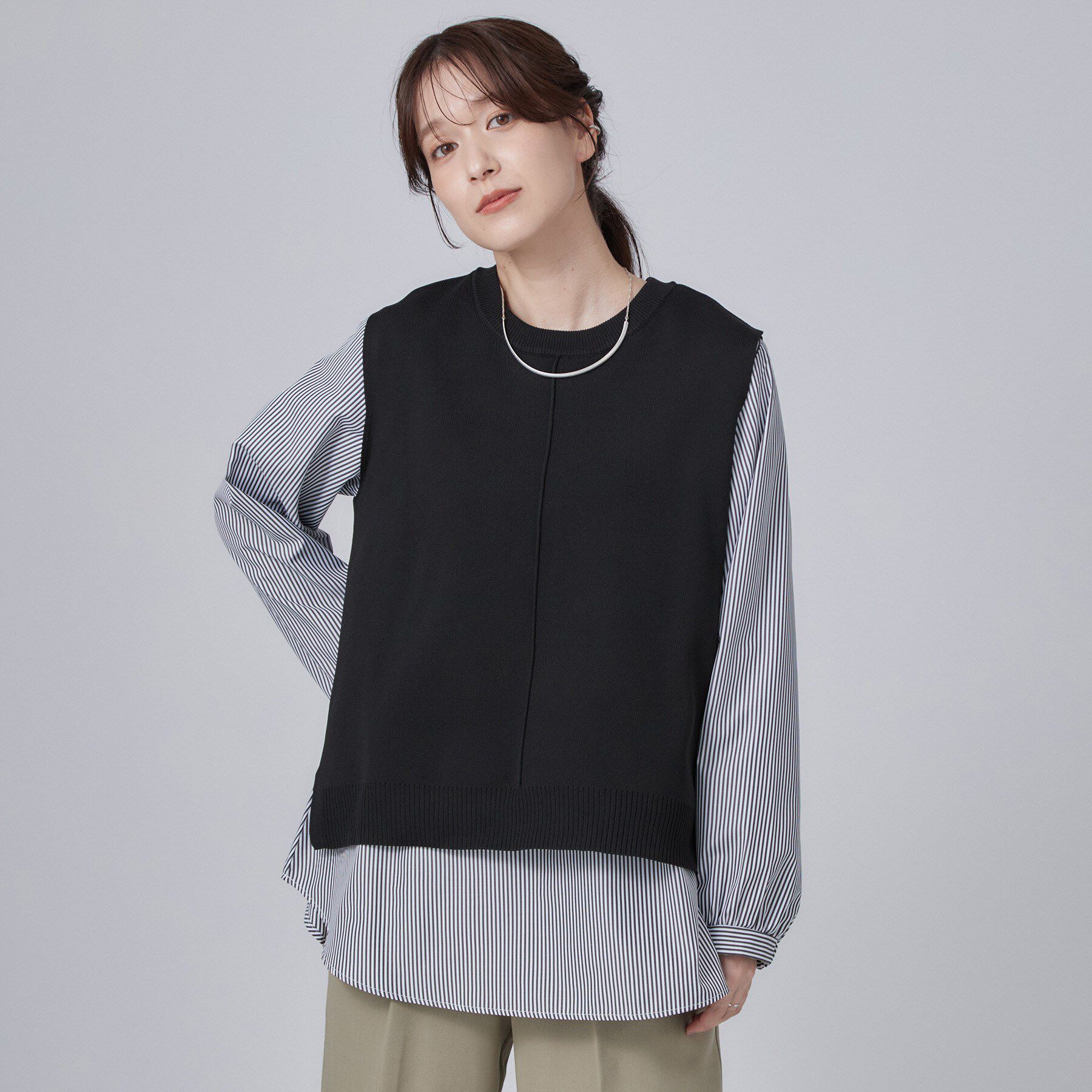 SHOO･LA･RUE「【2点セット/S-LL】着回し自在 スポンディッシュニットベスト＆フレアシャツ」|その他|