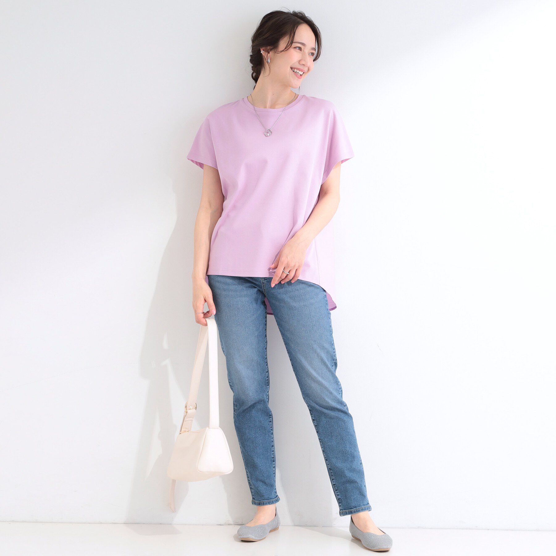 SHOO･LA･RUE「【体型カバー/S-LL】インせず着られる 前後素材切替Tシャツ」|Tシャツ・カットソー|