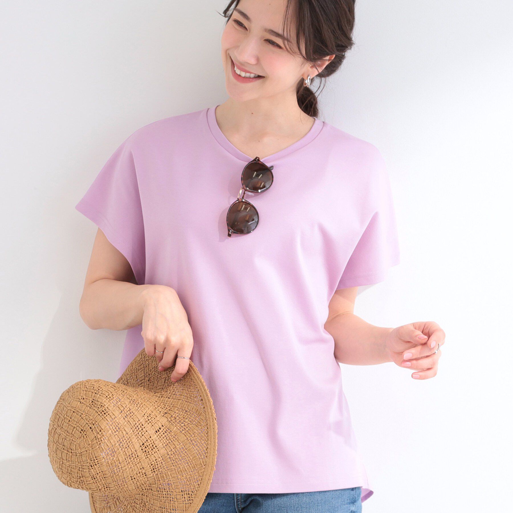 SHOO･LA･RUE「【体型カバー/S-LL】インせず着られる 前後素材切替Tシャツ」|Tシャツ・カットソー|ピンク(071)