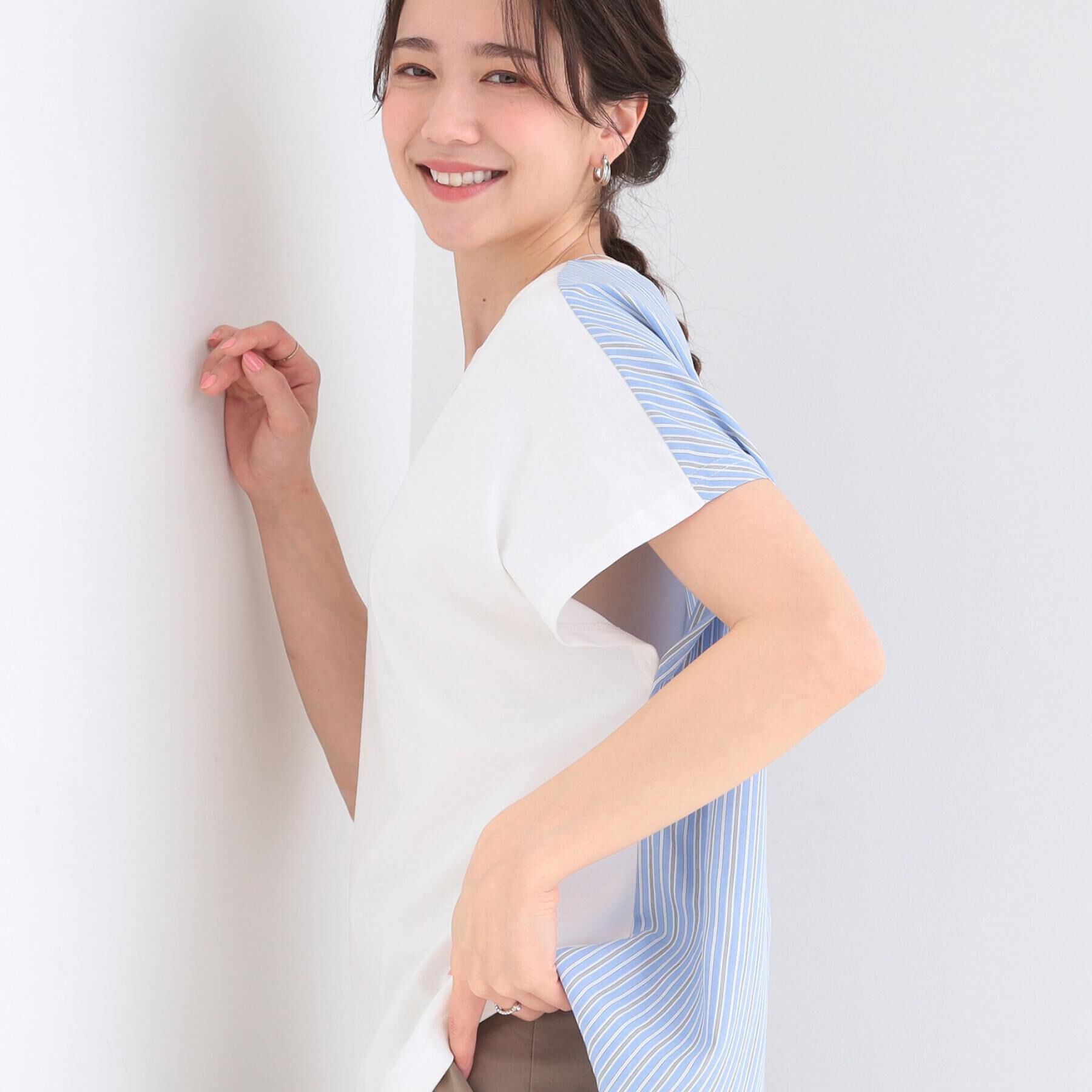 SHOO･LA･RUE「【体型カバー/S-LL】インせず着られる 前後素材切替Tシャツ」|Tシャツ・カットソー|ホワイト(301)