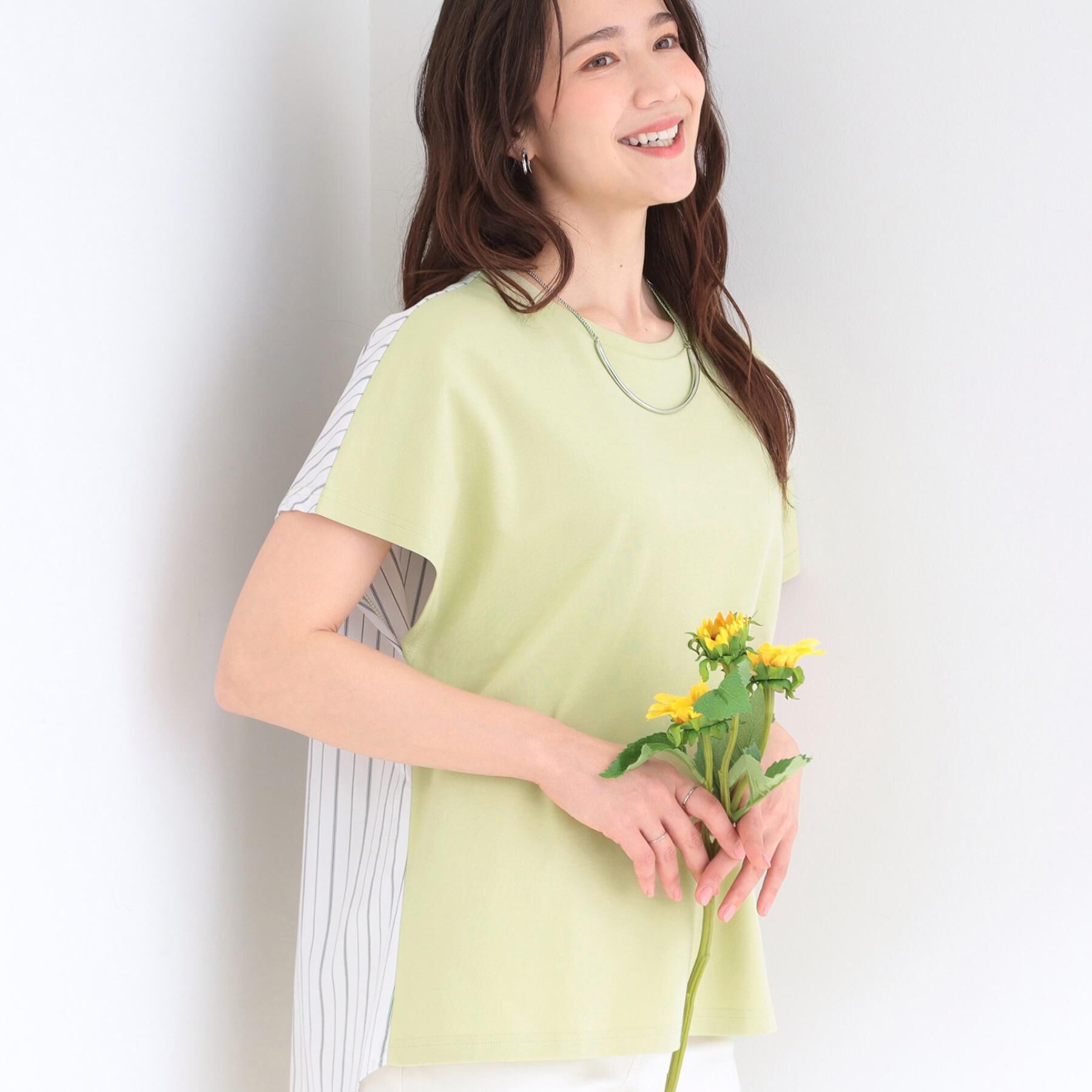 SHOO･LA･RUE「【体型カバー/S-LL】インせず着られる 前後素材切替Tシャツ」|Tシャツ・カットソー|ライトグリーン(32