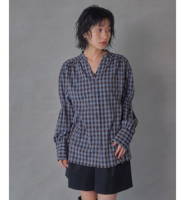 EMMEL REFINES「＜EMMEL REFINES＞EM ソデギャザー キーネック チェックシャツ」|シャツ・ブラウス|