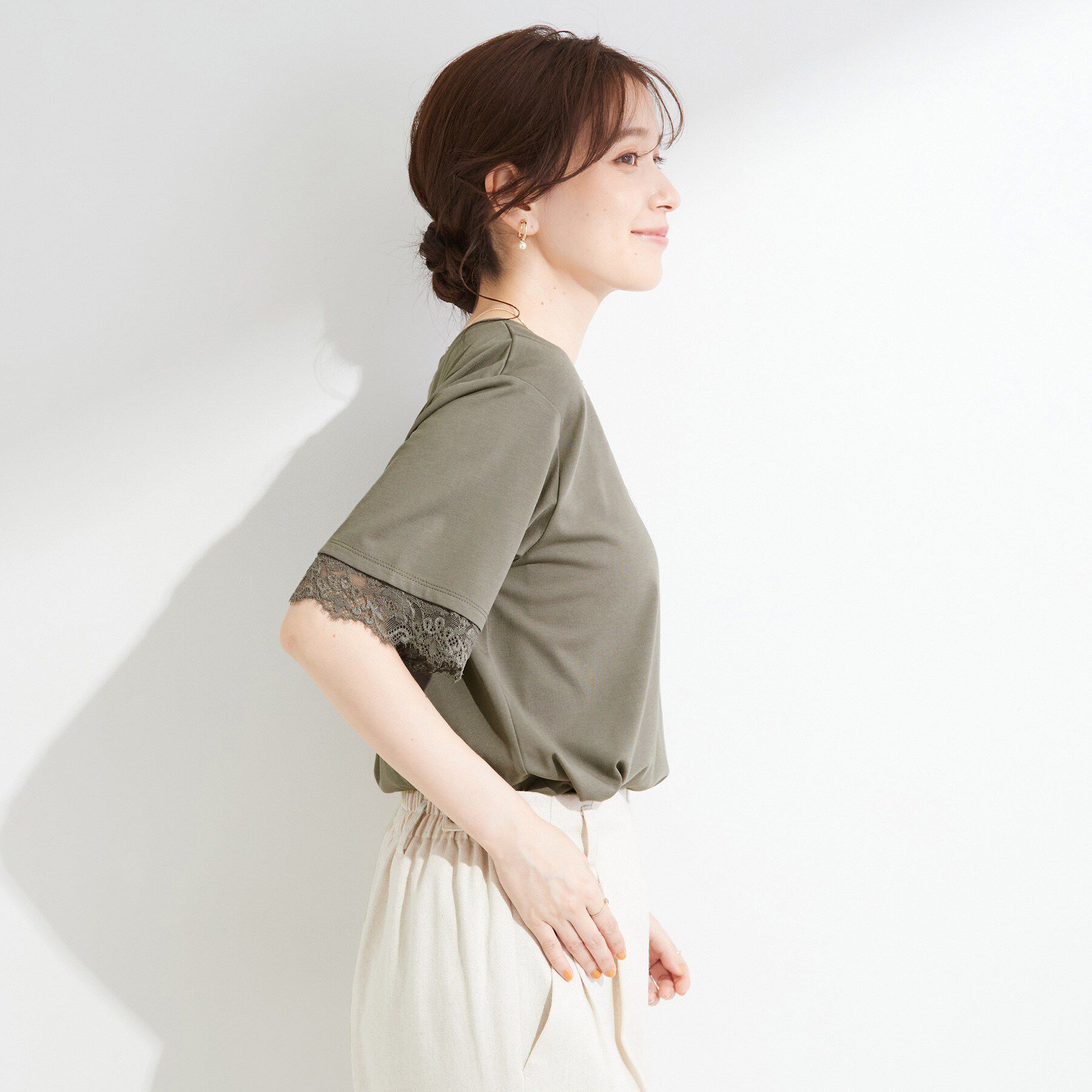 SHOO･LA･RUE「【UV/S-LL/洗濯機可】柄アソート お袖レースが旬顔 上品に決まる大人Tシャツ」|Tシャツ・カットソー|