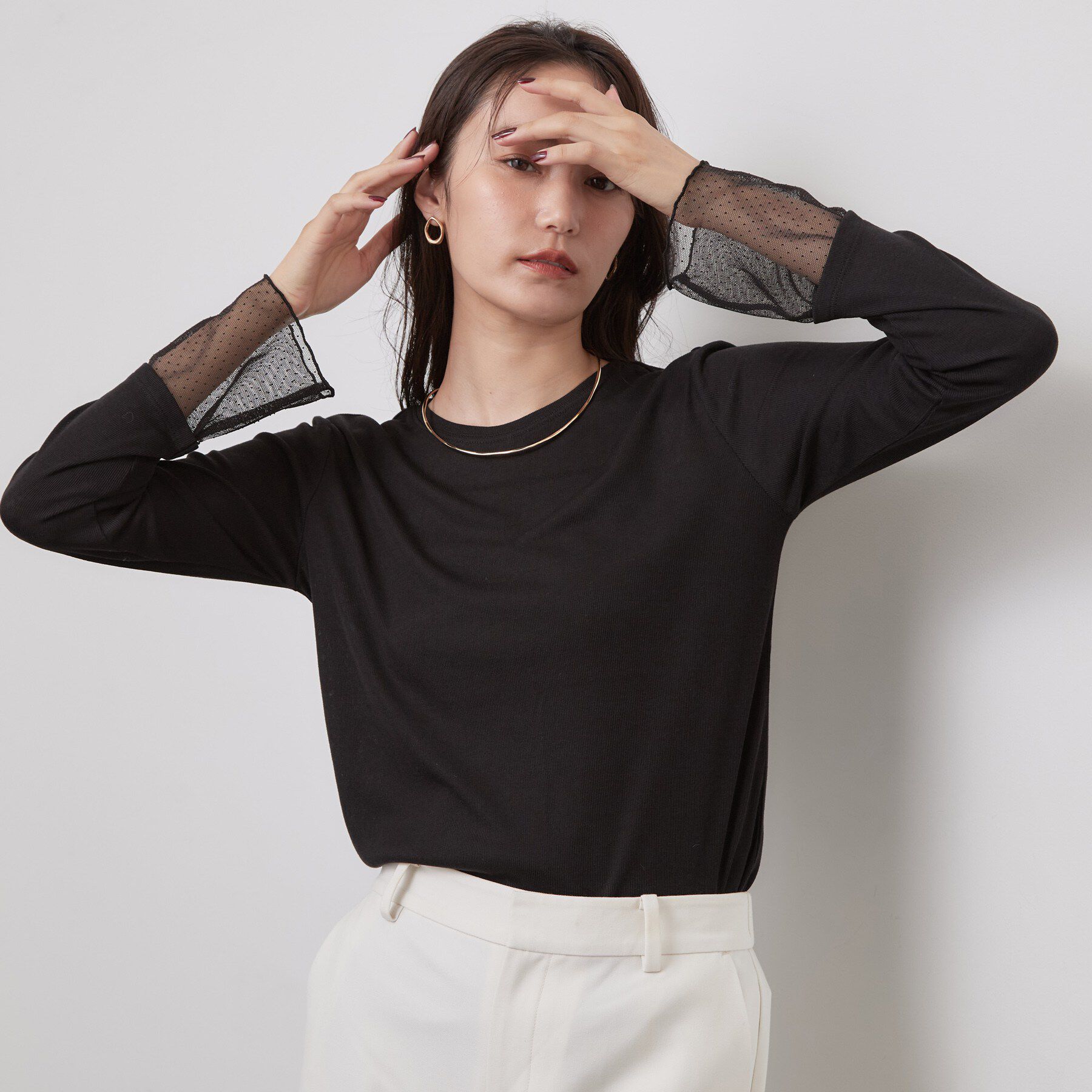OPAQUE.CLIP「袖口レース＆ドットチュールドッキングトップス【洗濯機OK】」|Tシャツ・カットソー|