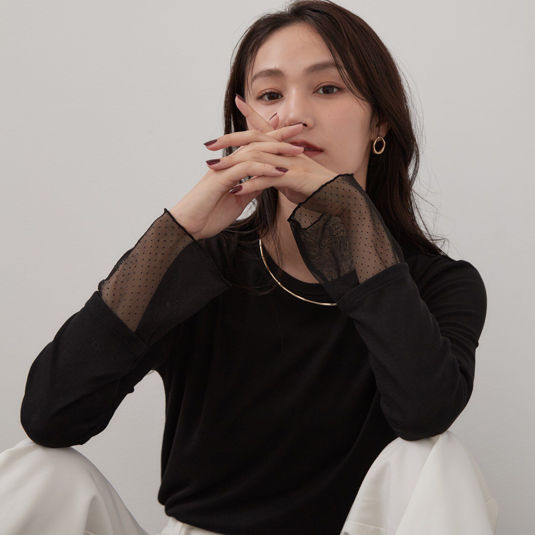 OPAQUE.CLIP「袖口レース＆ドットチュールドッキングトップス【洗濯機OK】」|Tシャツ・カットソー|ブラック(119)