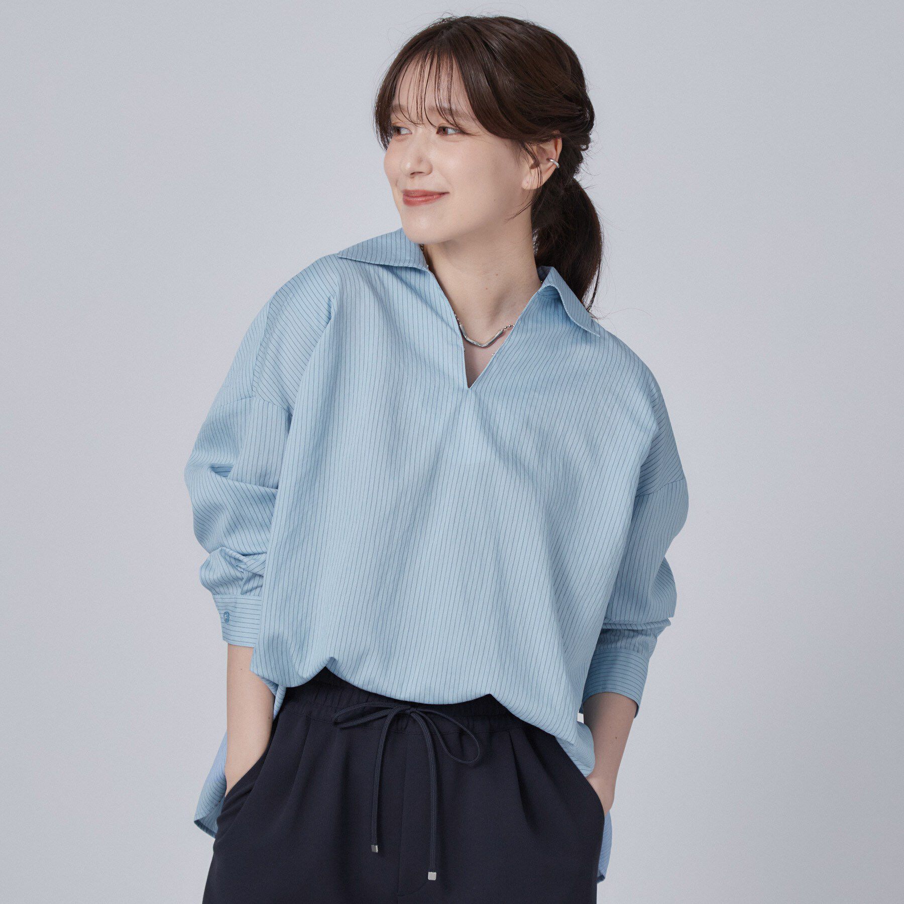 SHOO･LA･RUE「【洗濯機可】インせず決まるAライン ストライプスキッパーシャツ」|シャツ・ブラウス|