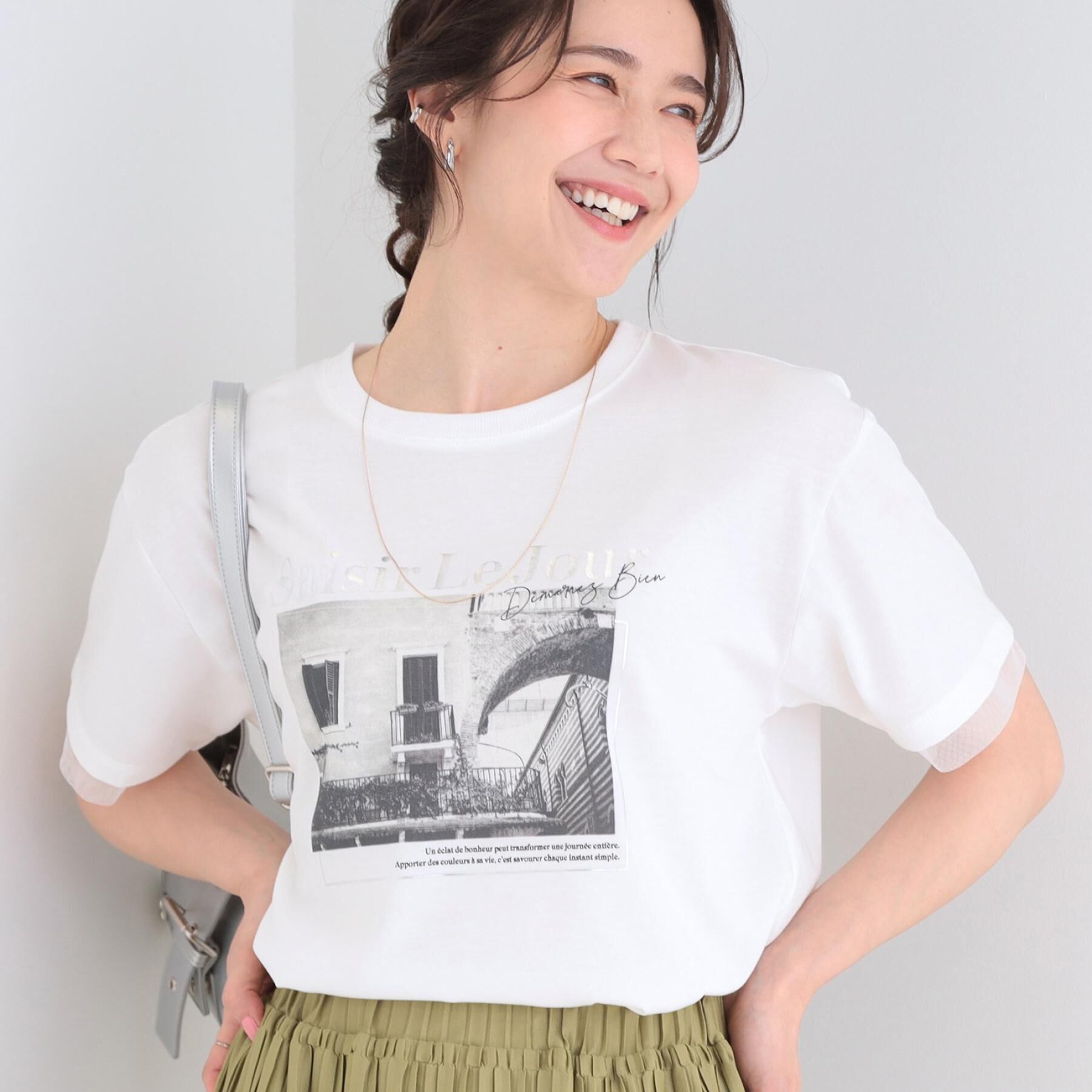 SHOO･LA･RUE「【ひんやり/S-LL/洗濯機可】色・柄選べる お袖チュールレイヤード プリントアソートTシャツ」|Tシャツ・カットソー|ホワイト(301)