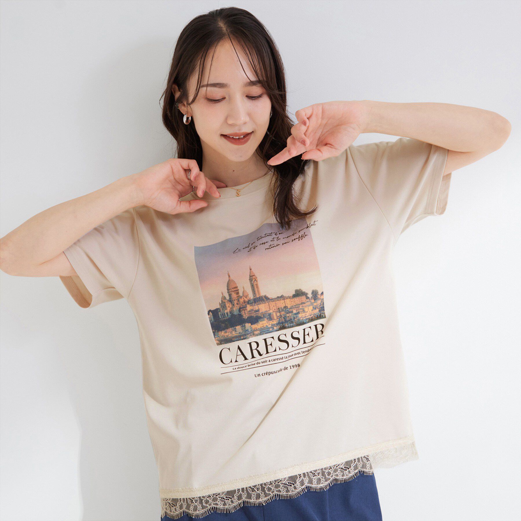 SHOO･LA･RUE「【UV/S-LL/洗濯機可】真夏に着たい裾レースが女性らしさをプラスする プリントアソートTシャツ」|Tシャツ・カットソー|