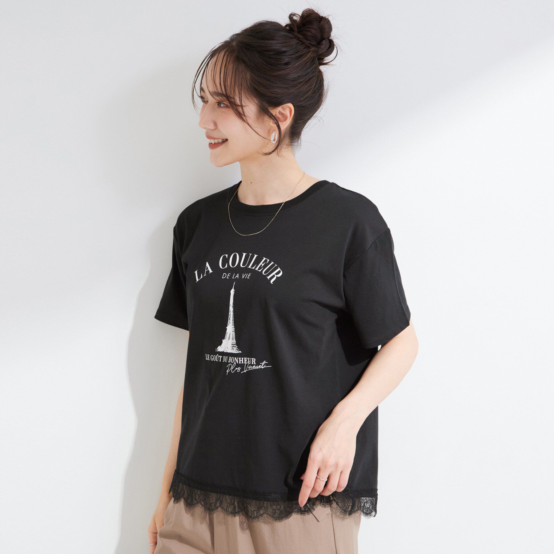 SHOO･LA･RUE「【UV/S-LL/洗濯機可】真夏に着たい裾レースが女性らしさをプラスする プリントアソートTシャツ」|Tシャツ・カットソー|