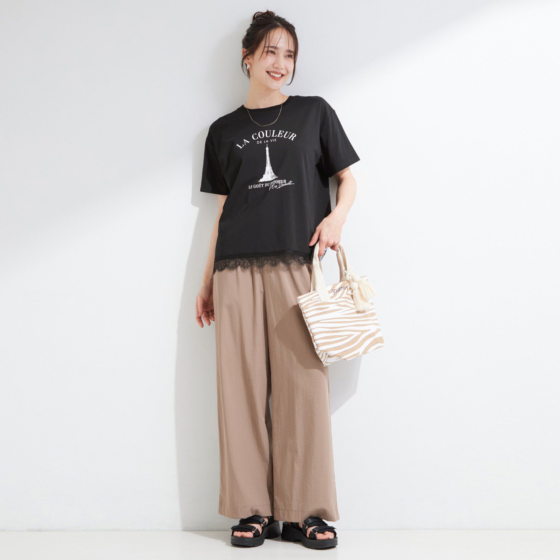 SHOO･LA･RUE「【UV/S-LL/洗濯機可】真夏に着たい裾レースが女性らしさをプラスする プリントアソートTシャツ」|Tシャツ・カットソー|