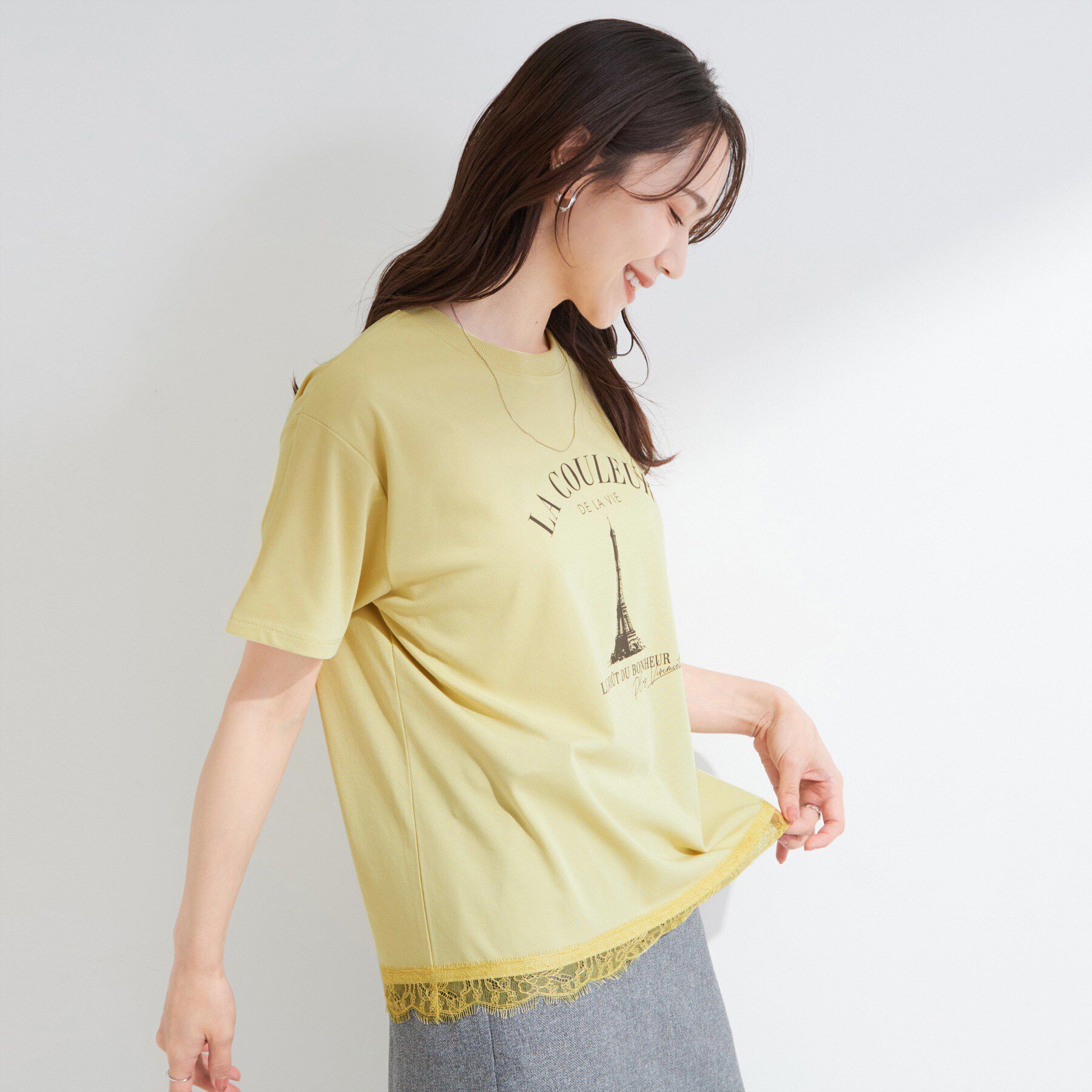 SHOO･LA･RUE「【UV/S-LL/洗濯機可】真夏に着たい裾レースが女性らしさをプラスする プリントアソートTシャツ」|Tシャツ・カットソー|